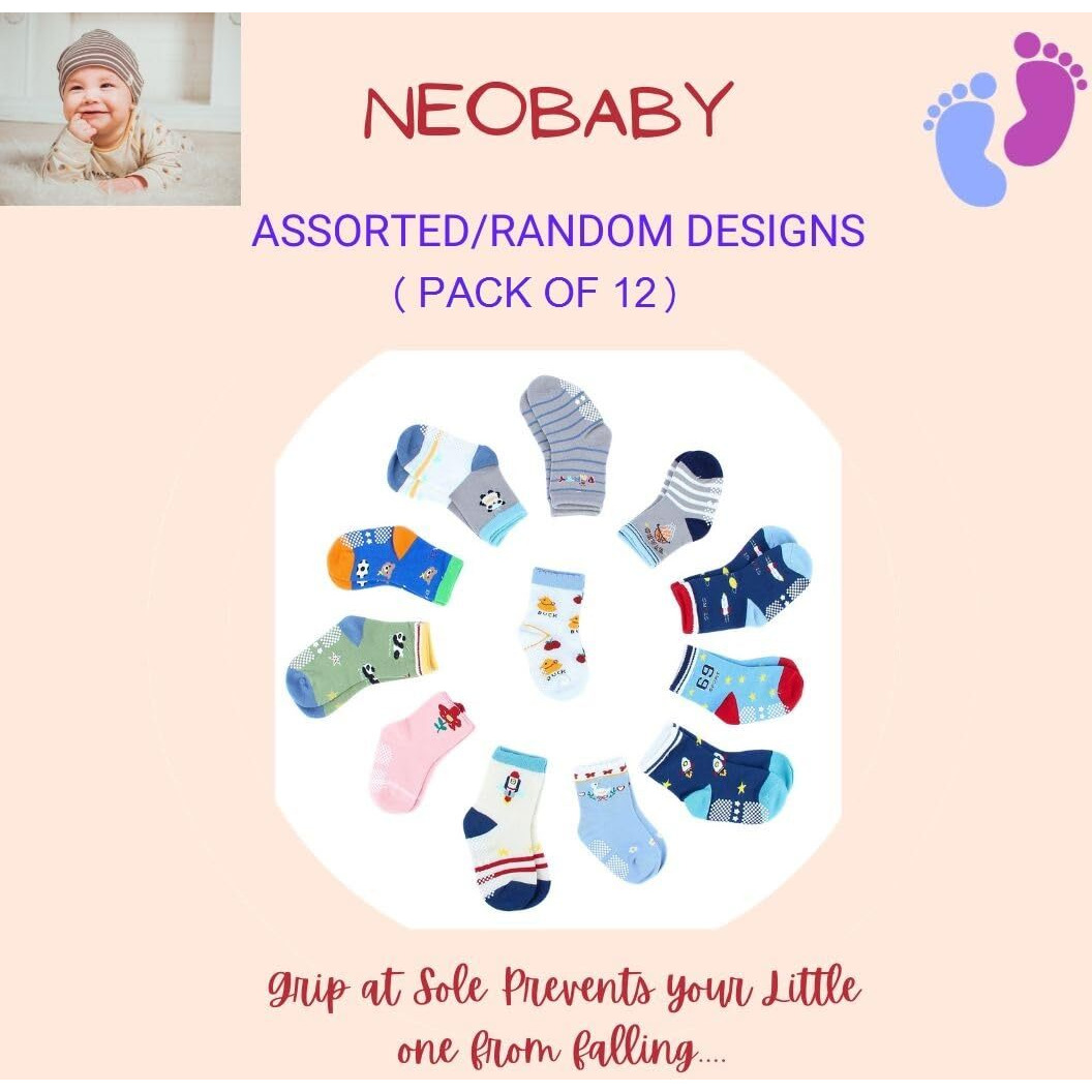 NEOBABY Dotted Grip Socks for Kids Boys & Girls (Assorted/Random Designs)