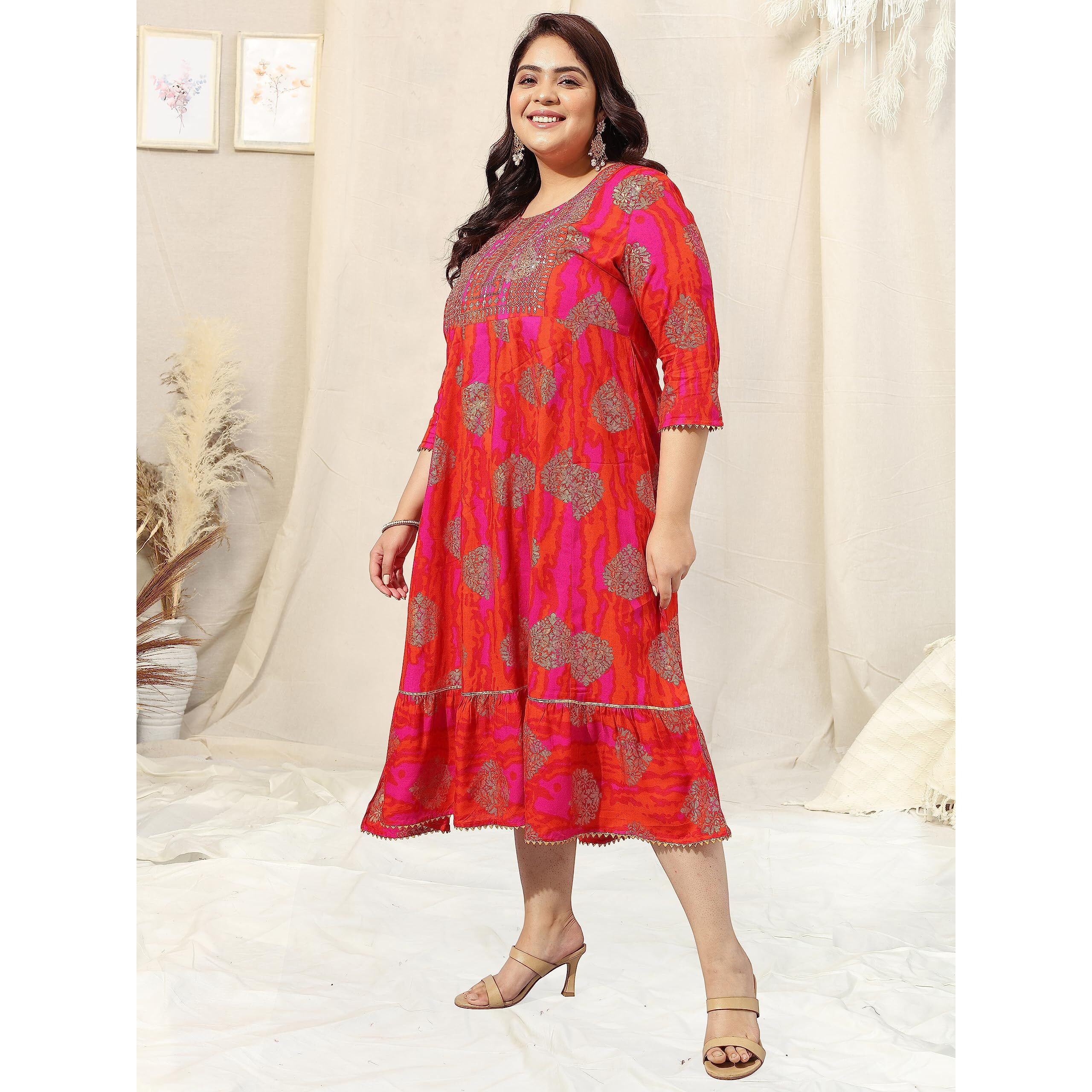 MIRCHI FASHION Womens Anarkali Cotton Sequins Embroidery Work Foil Printed Plus Size Kurti Only (MPK9118-Pink Orange-5XL)