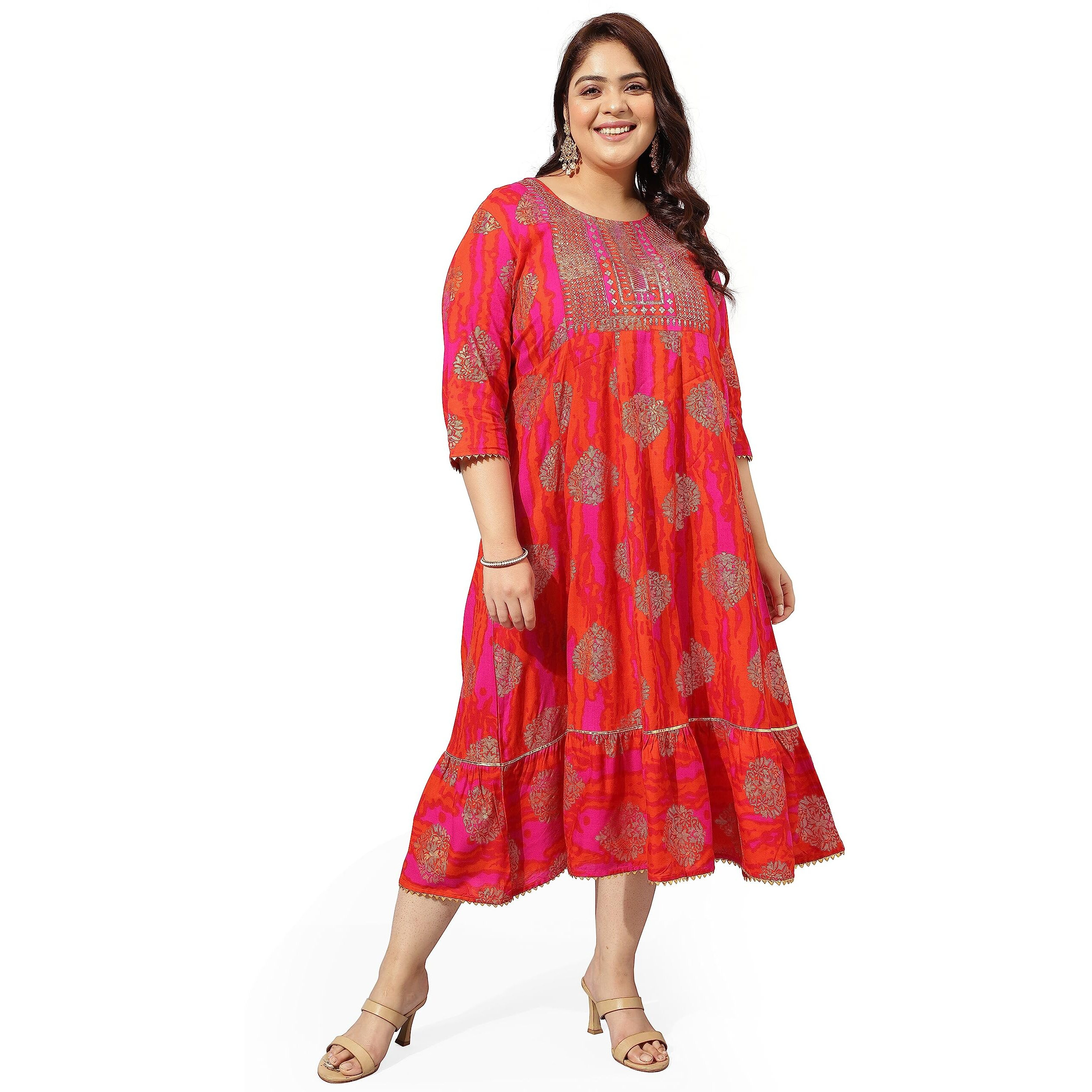 MIRCHI FASHION Womens Anarkali Cotton Sequins Embroidery Work Foil Printed Plus Size Kurti Only (MPK9118-Pink Orange-3XL)