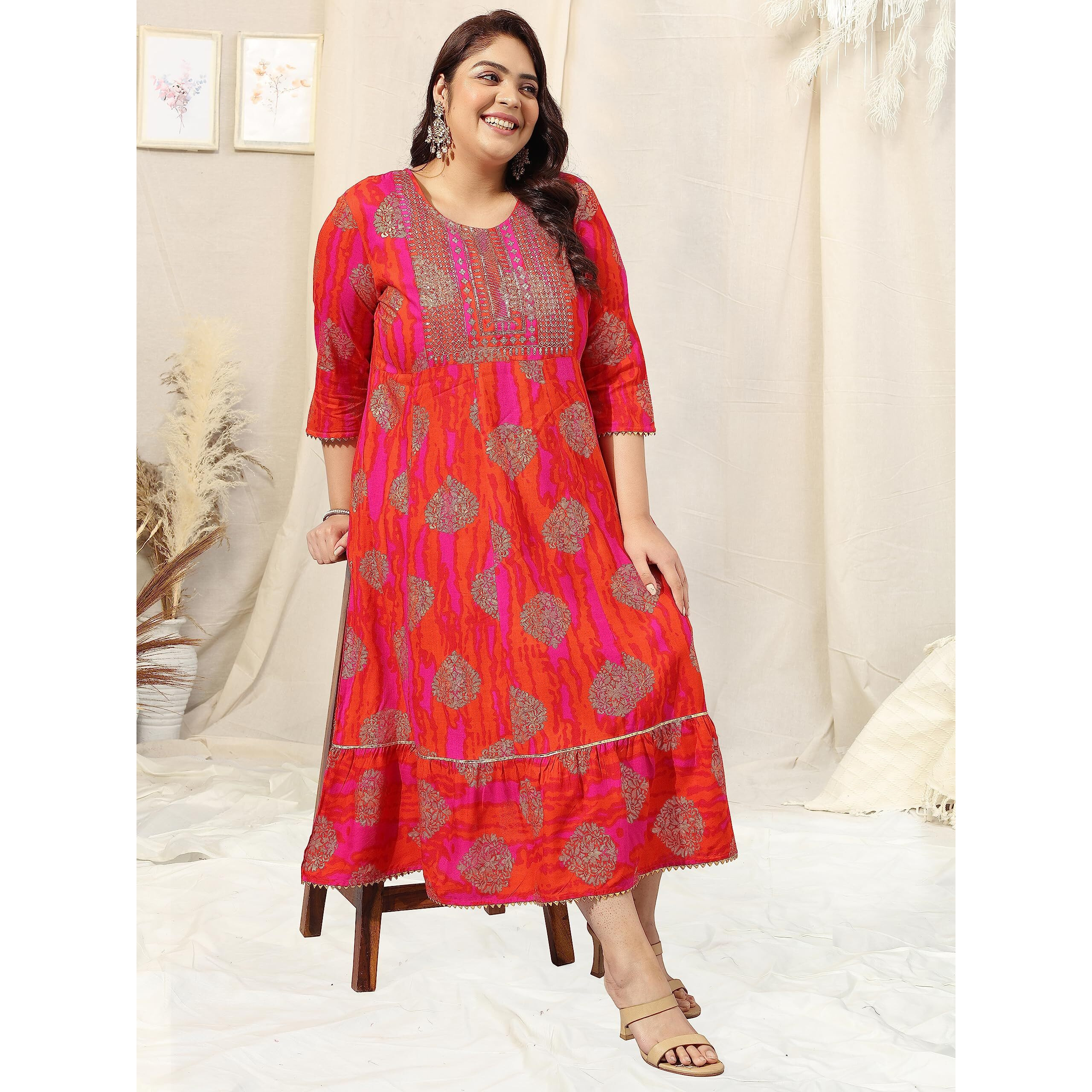 MIRCHI FASHION Womens Anarkali Cotton Sequins Embroidery Work Foil Printed Plus Size Kurti Only (MPK9118-Pink Orange-3XL)