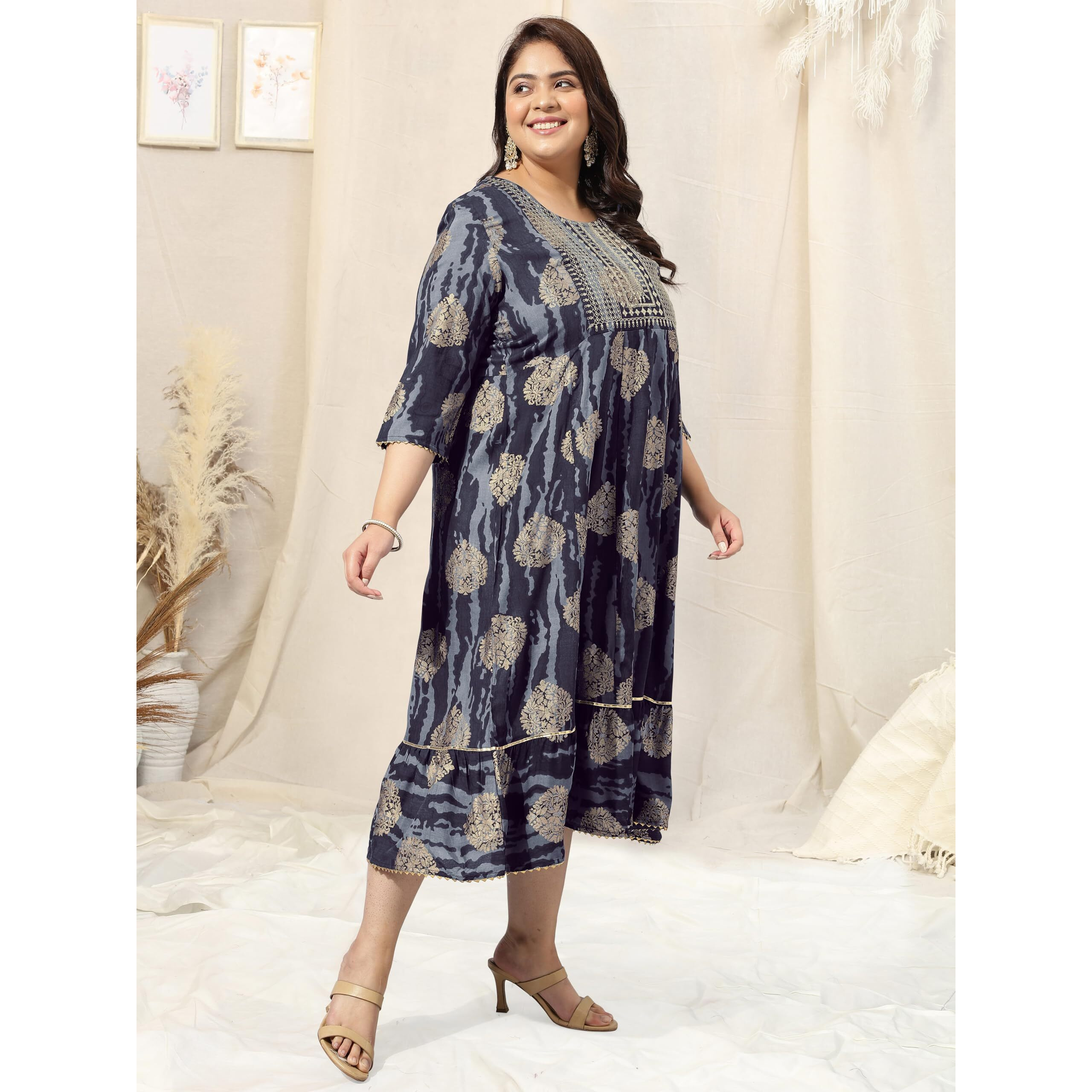 MIRCHI FASHION Womens Anarkali Cotton Foil Work Shibori Dyed Embroidered Kurti Only (MPK9531-Grey-5XL)