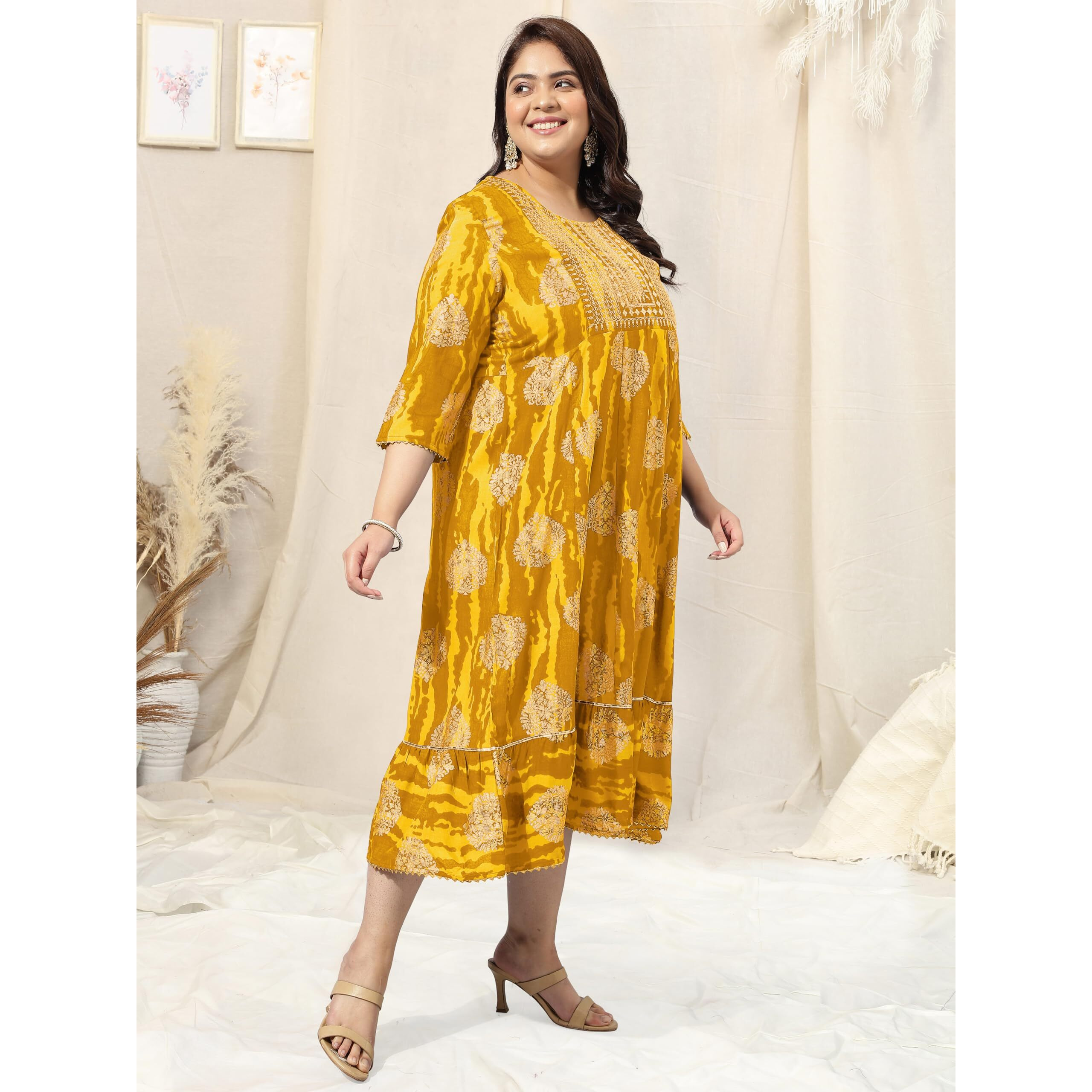 MIRCHI FASHION Womens Anarkali Cotton Foil Work Shibori Dyed Embroidered Kurti Only (MPK9533-Yellow -3XL)