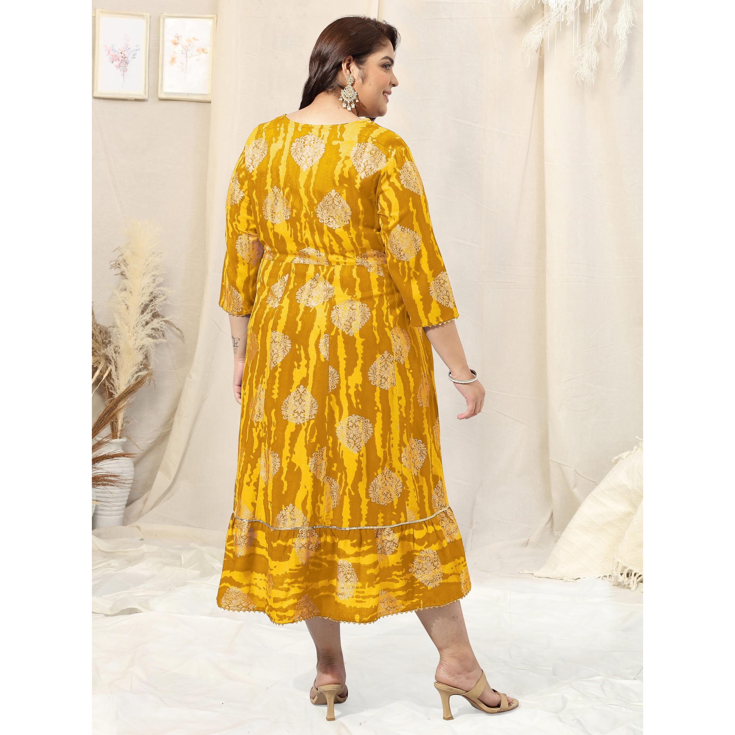 MIRCHI FASHION Womens Anarkali Cotton Foil Work Shibori Dyed Embroidered Kurti Only (MPK9533-Yellow -3XL)
