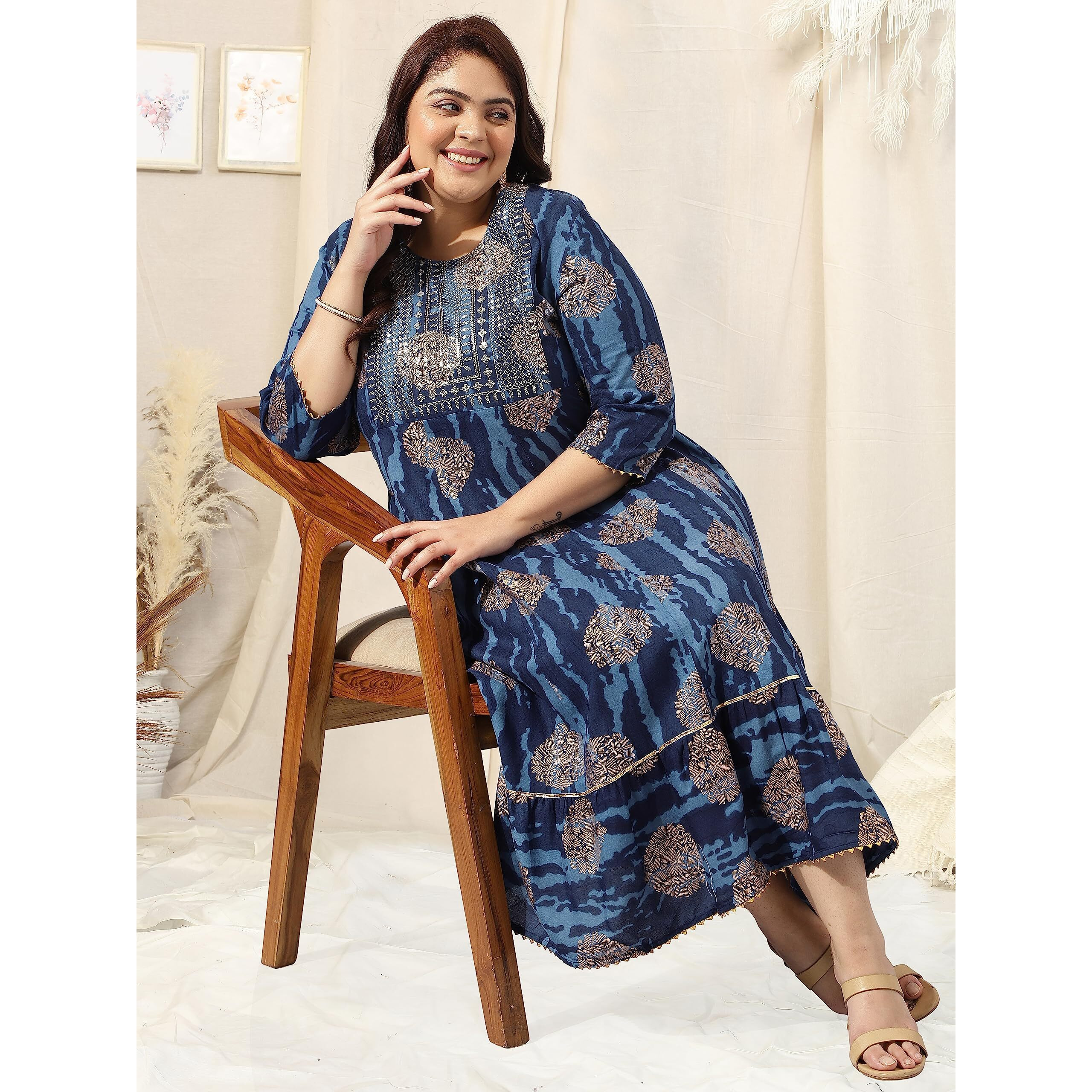 MIRCHI FASHION Womens A-Line Cotton Sequins Embroidery Work Foil Printed Plus Size Kurti Only (MPK9265-Blue Golden-4XL)