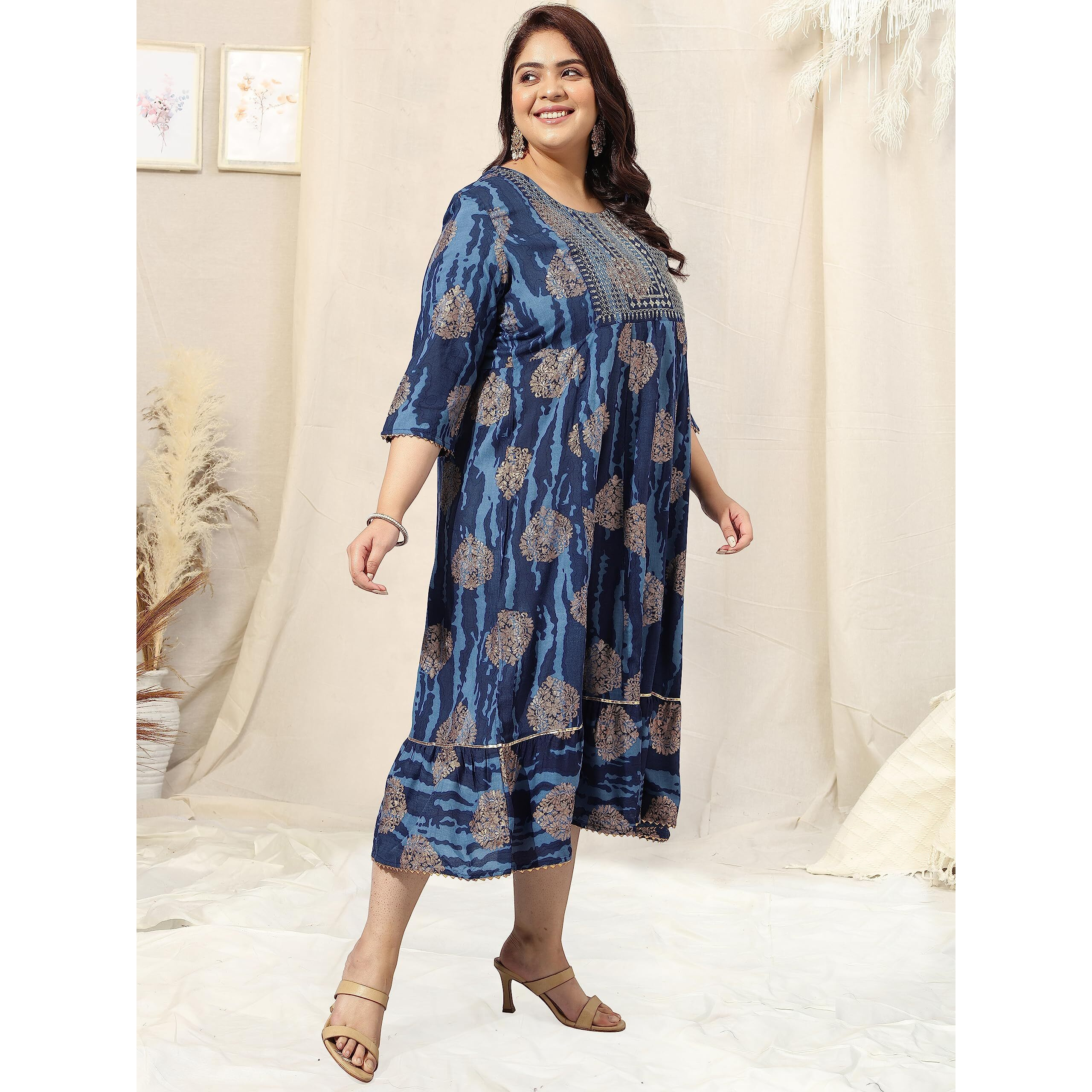 MIRCHI FASHION Womens A-Line Cotton Sequins Embroidery Work Foil Printed Plus Size Kurti Only (MPK9265-Blue Golden-4XL)