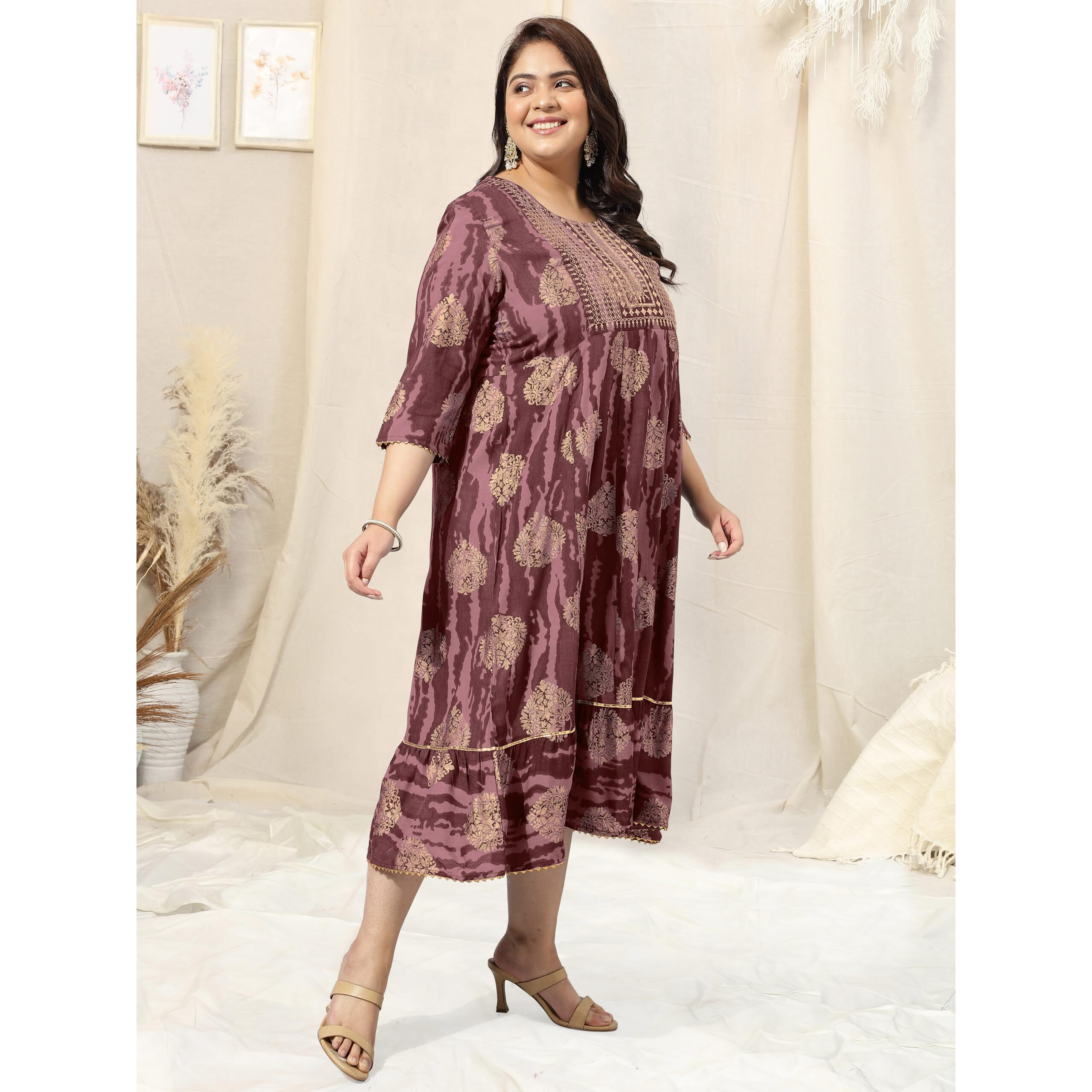 MIRCHI FASHION Womens Anarkali Cotton Foil Work Shibori Dyed Embroidered Kurti Only (MPK9532-Wine -6XL)