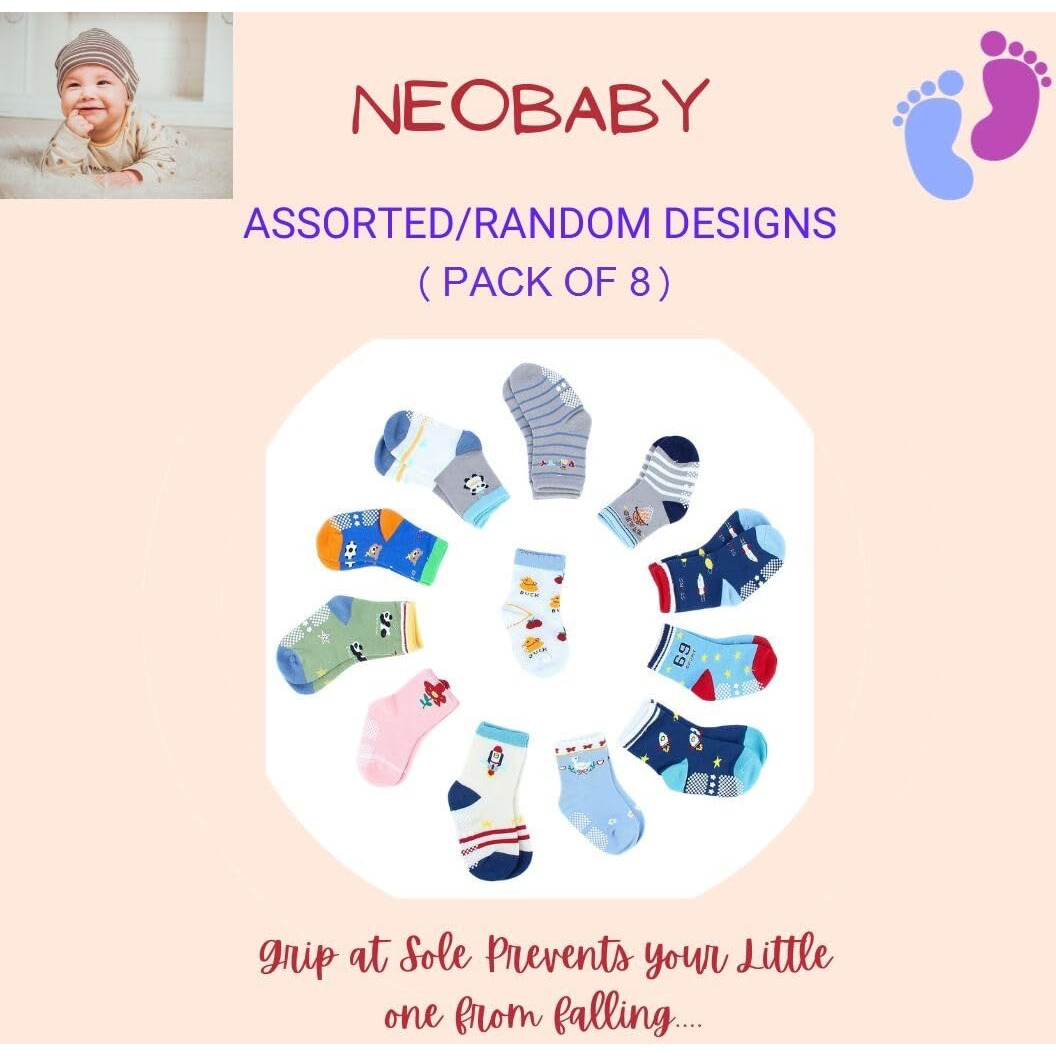 NEOBABY Anti Slip Grip Socks for Kids & Babies Boys & Girls (Assorted/Random Designs)