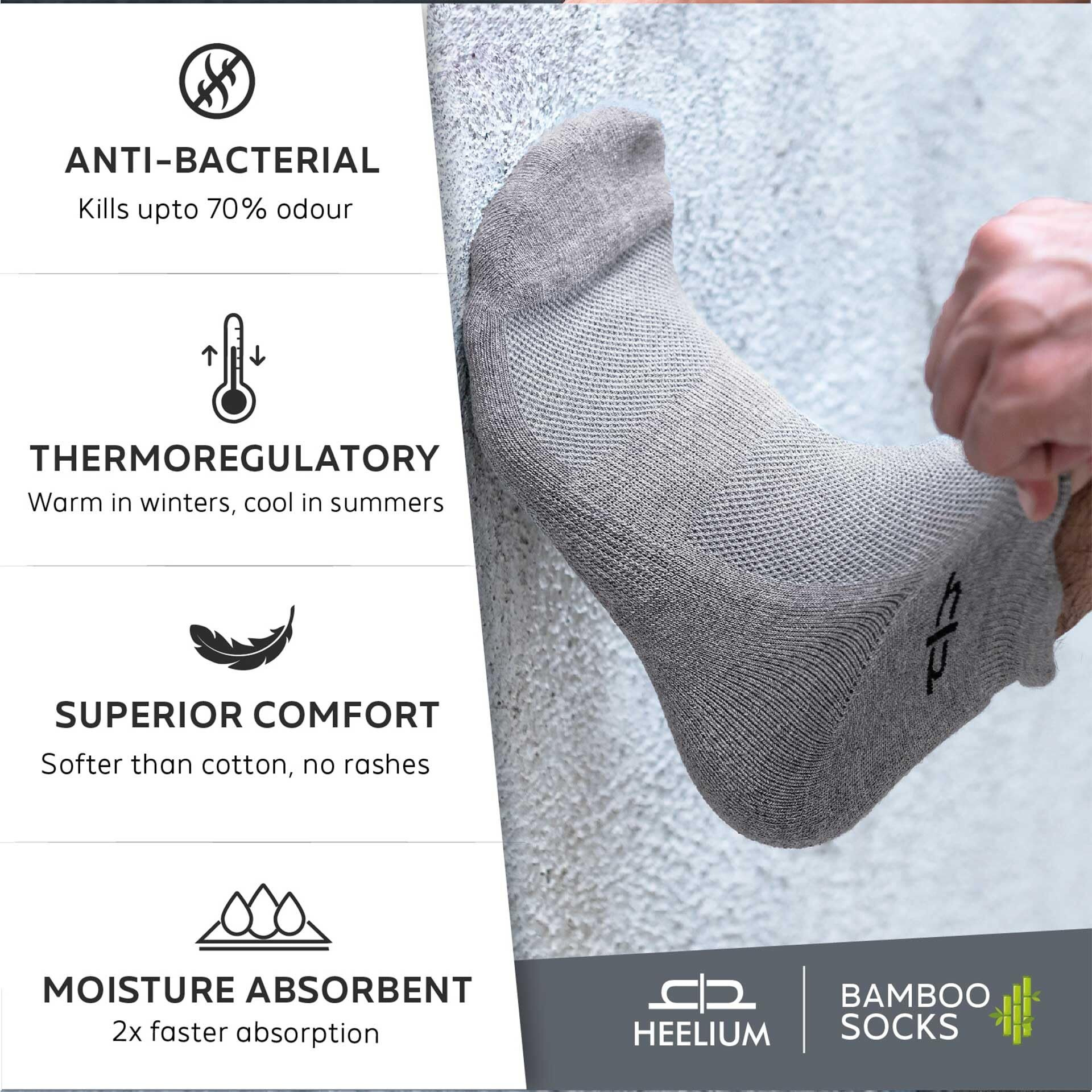 HEELIUM Bamboo Socks for Men Ankle Length Anti-Odour & Breathable Padded Base & Anti-bacterial Softer than Cotton Made in India
