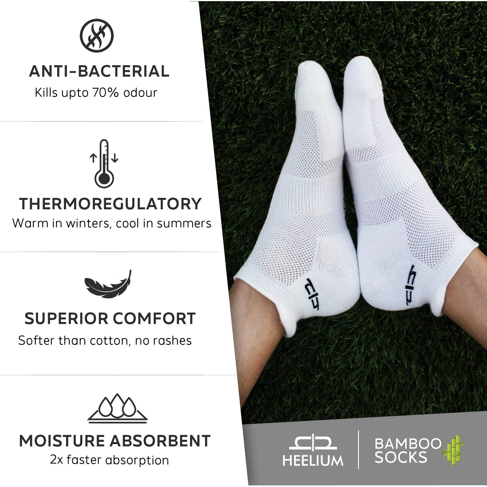 HEELIUM Bamboo Socks For Men Ankle Length Anti-Odour & Breathable Padded Base & Anti-Bacterial Softer Than Cotton Made In India White