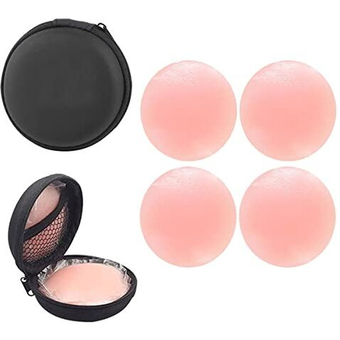 Enclave Nipple Covers Reusable Comfortable & Natural Invisible Adhesive Silicone Pasties for Women Round (Pink). (2 Pair + Storage CASE)