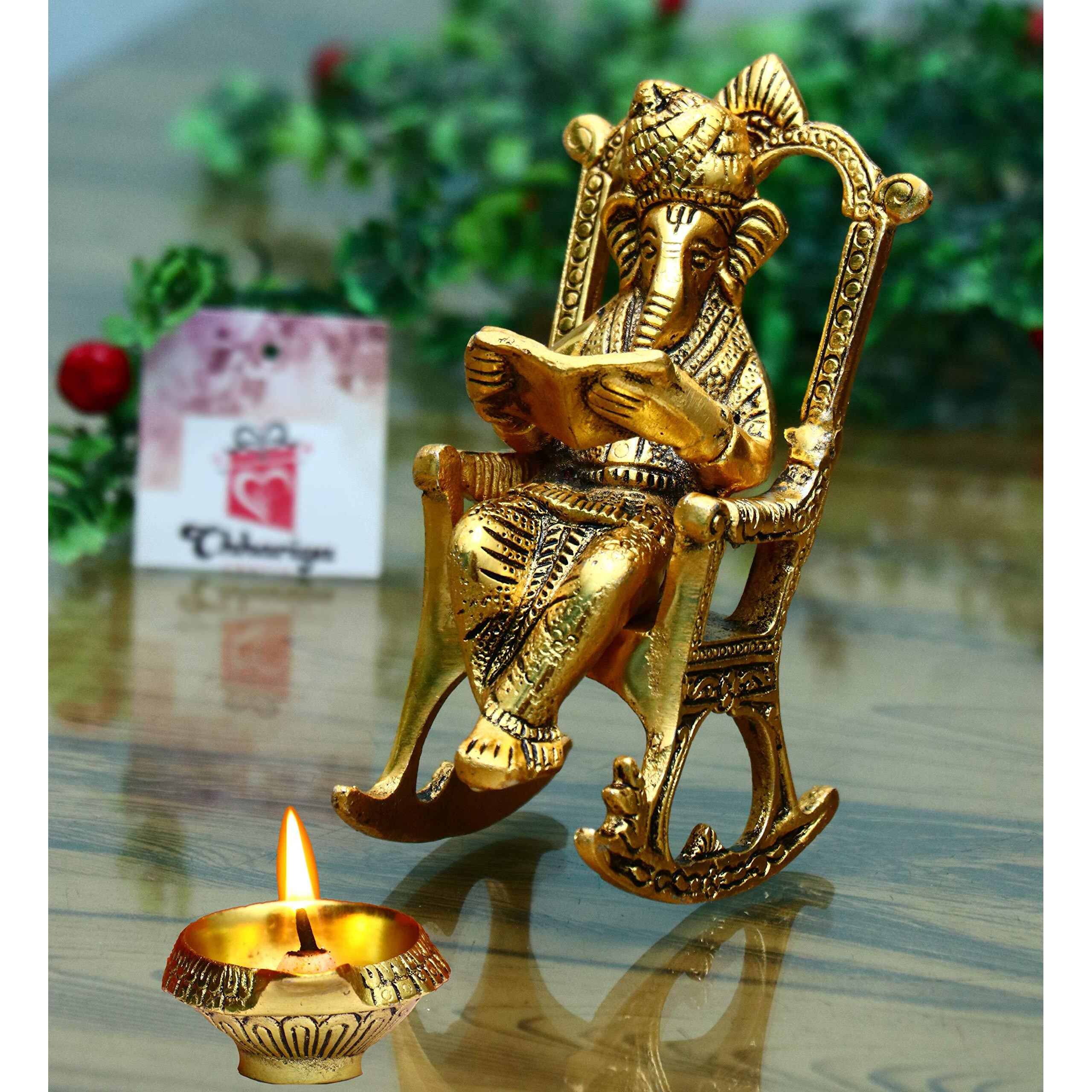 CHHARIYA CRAFTS Metal Lord Ganesh Reading Ramayana Statue Ganpati Sitting on Chair with Kuber Diya Idol for Home Office and Gifts Decor Corporate Gifts Decorative Showpiece - 14 cm (Metal, Gold)
