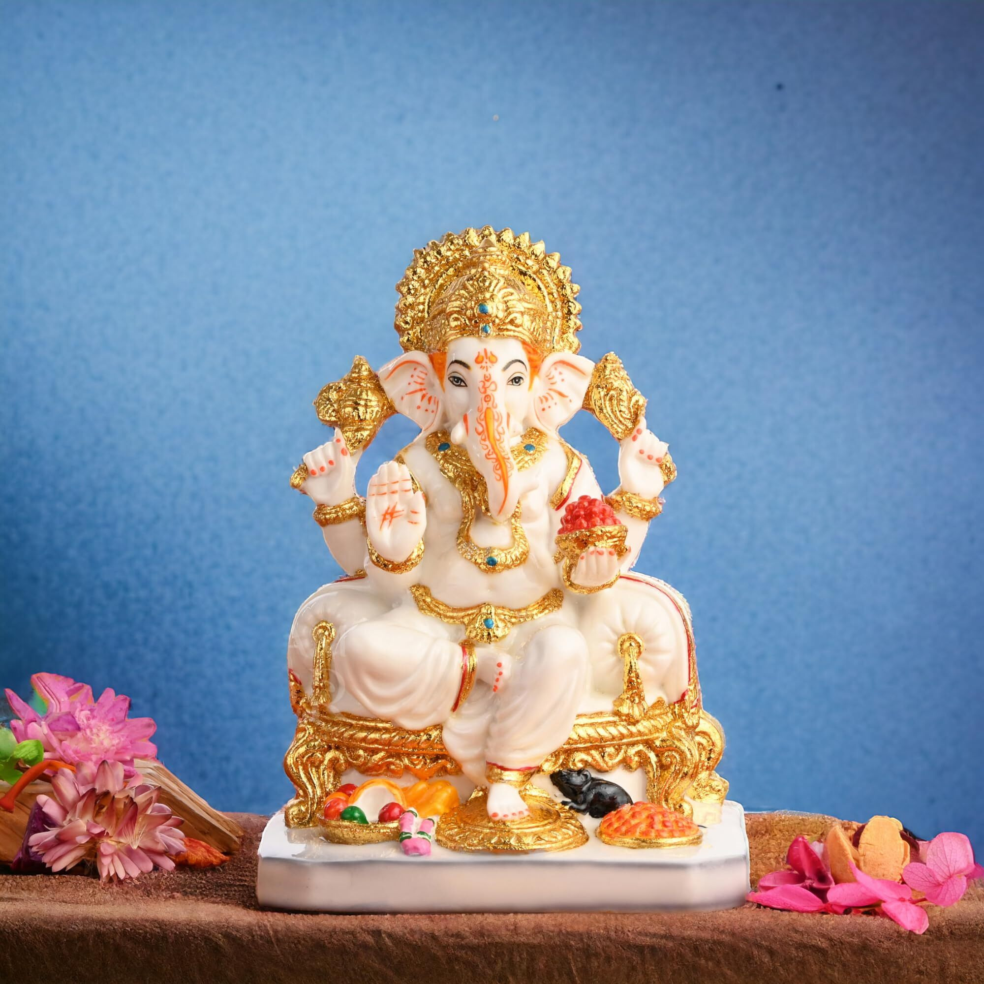 Creating Ambiance Polyresin Marble Ganesh Idol, Vinayaka Statue | Auspicious Ganpati Murti for Living Room & Home Decor - Ganesh Idol for Diwali - Gold & White (7.5 Inches 01)