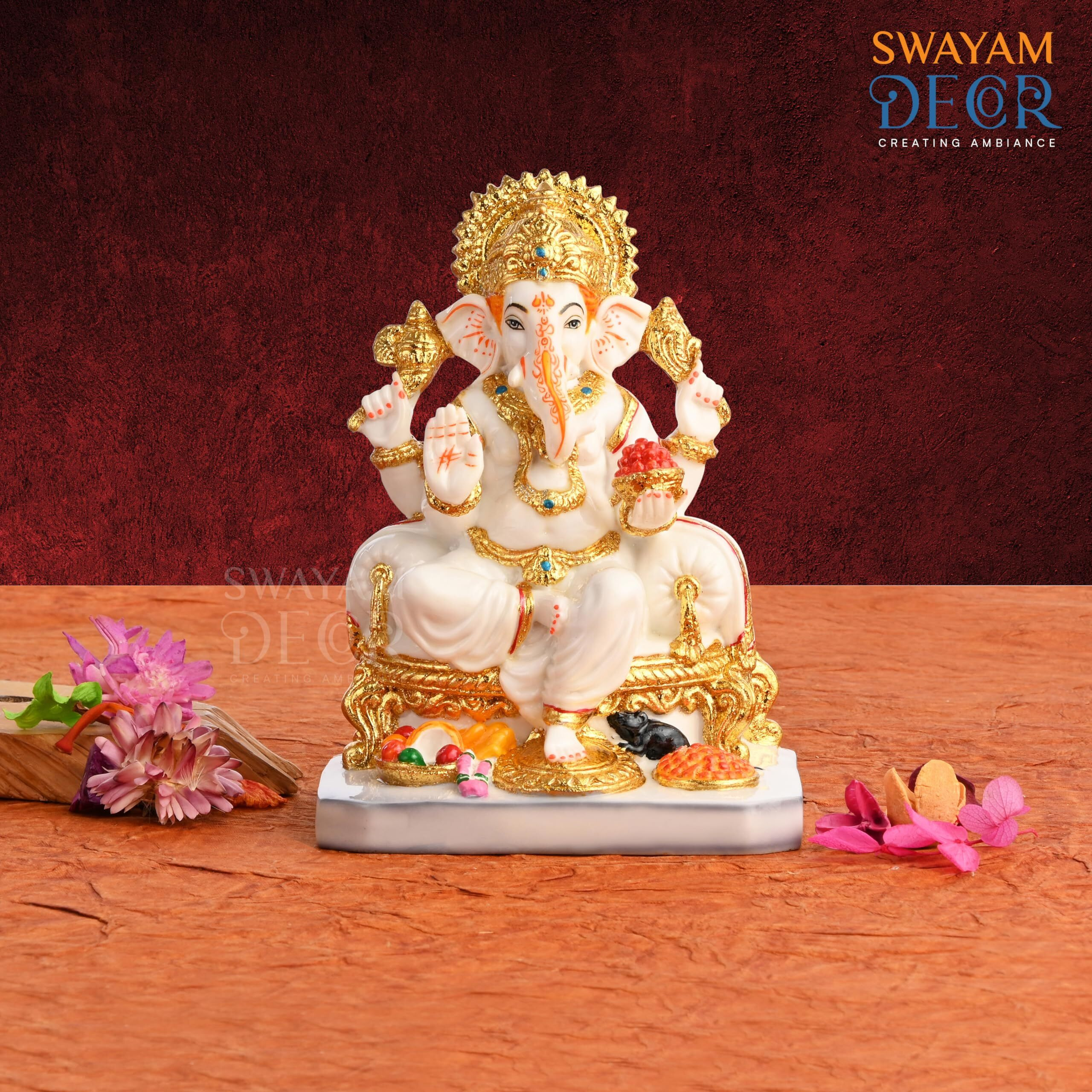 Creating Ambiance Polyresin Marble Ganesh Idol, Vinayaka Statue | Auspicious Ganpati Murti for Living Room & Home Decor - Ganesh Idol for Diwali - Gold & White (7.5 Inches 01)