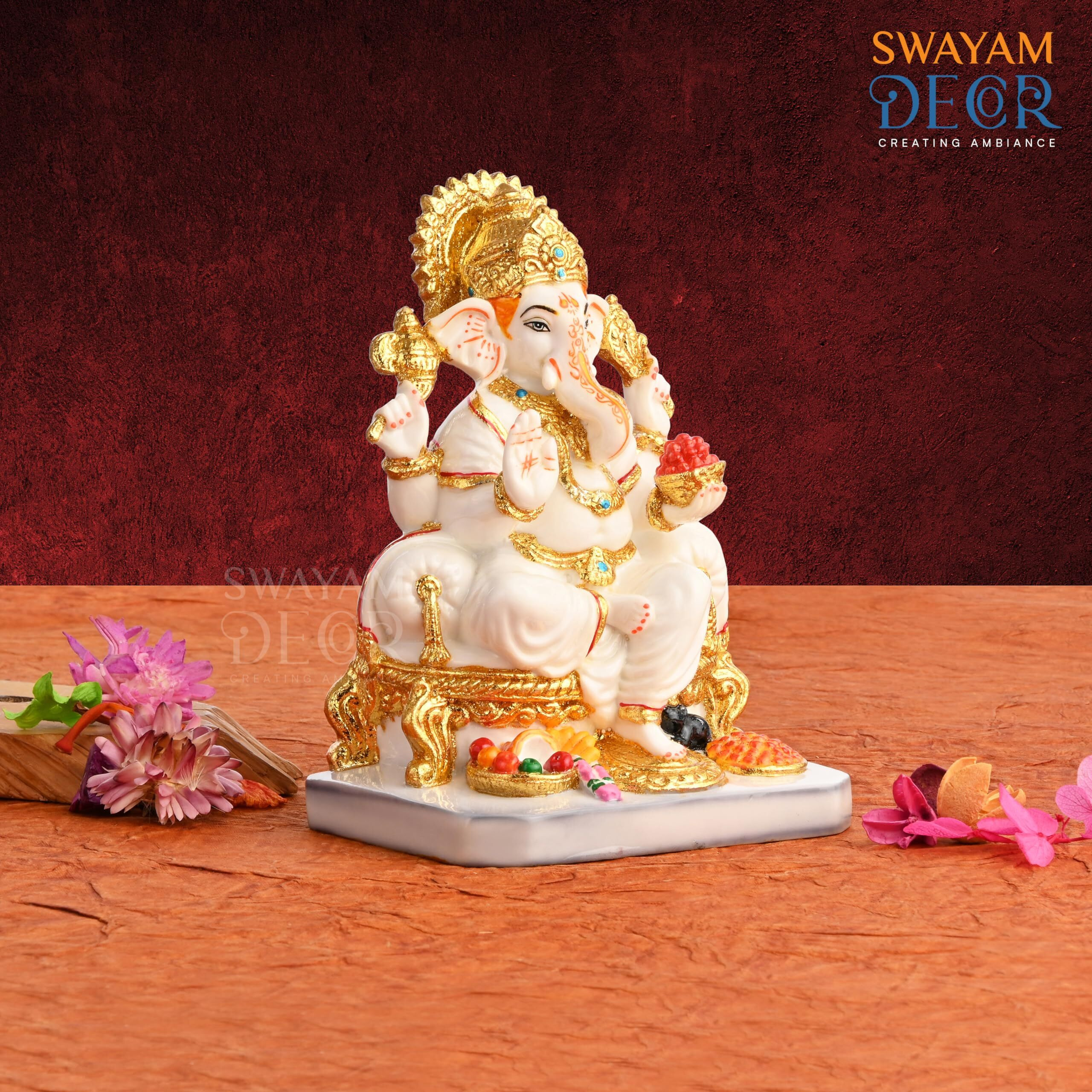 Creating Ambiance Polyresin Marble Ganesh Idol, Vinayaka Statue | Auspicious Ganpati Murti for Living Room & Home Decor - Ganesh Idol for Diwali - Gold & White (7.5 Inches 01)
