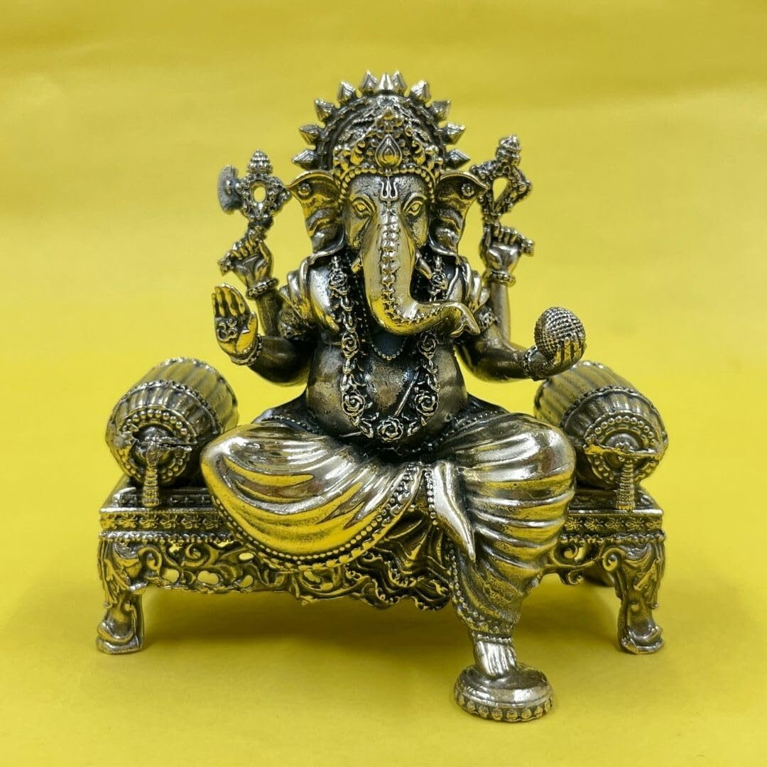 CraftVatika Ganesha Brass Idol Sitting on Throne - Ganpati Sitting Idol Brass Ganesha Murti Statue Pooja Home Dcor Gift (3.8 Inch Height)