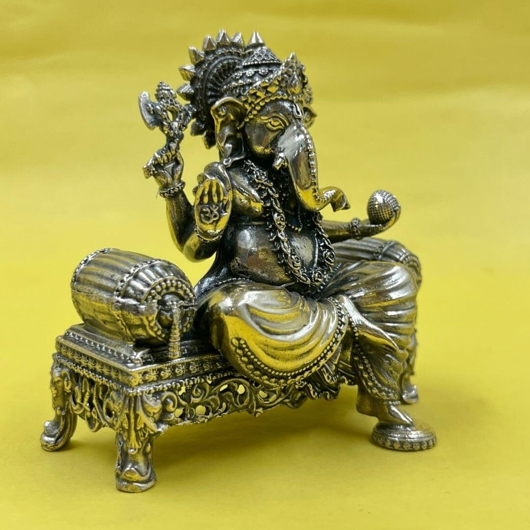 CraftVatika Ganesha Brass Idol Sitting on Throne - Ganpati Sitting Idol Brass Ganesha Murti Statue Pooja Home Dcor Gift (3.8 Inch Height)