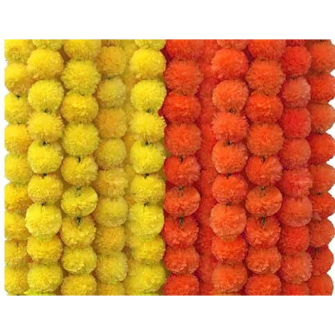 HOME BUY Indian Made in Bharat Artificial Marigold Flowers for Decoration Garland 400gsm Each for Diwali & Festivals | 5 Feet Long 10 Pcs with 2 Diya (Orange+ Yellow) (5 Yellow+5 Orange merigold)