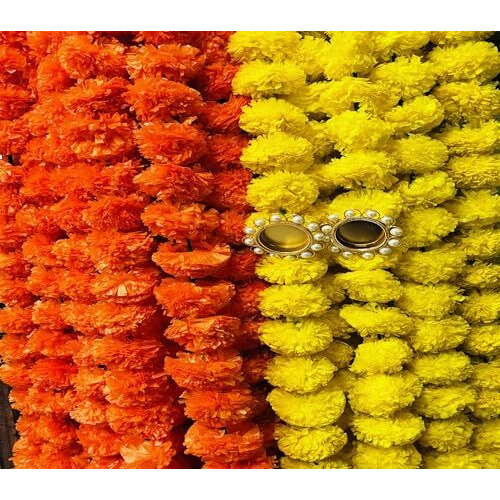 HOME BUY Indian Made in Bharat Artificial Marigold Flowers for Decoration Garland 400gsm Each for Diwali & Festivals | 5 Feet Long 10 Pcs with 2 Diya (Orange+ Yellow) (5 Yellow+5 Orange merigold)