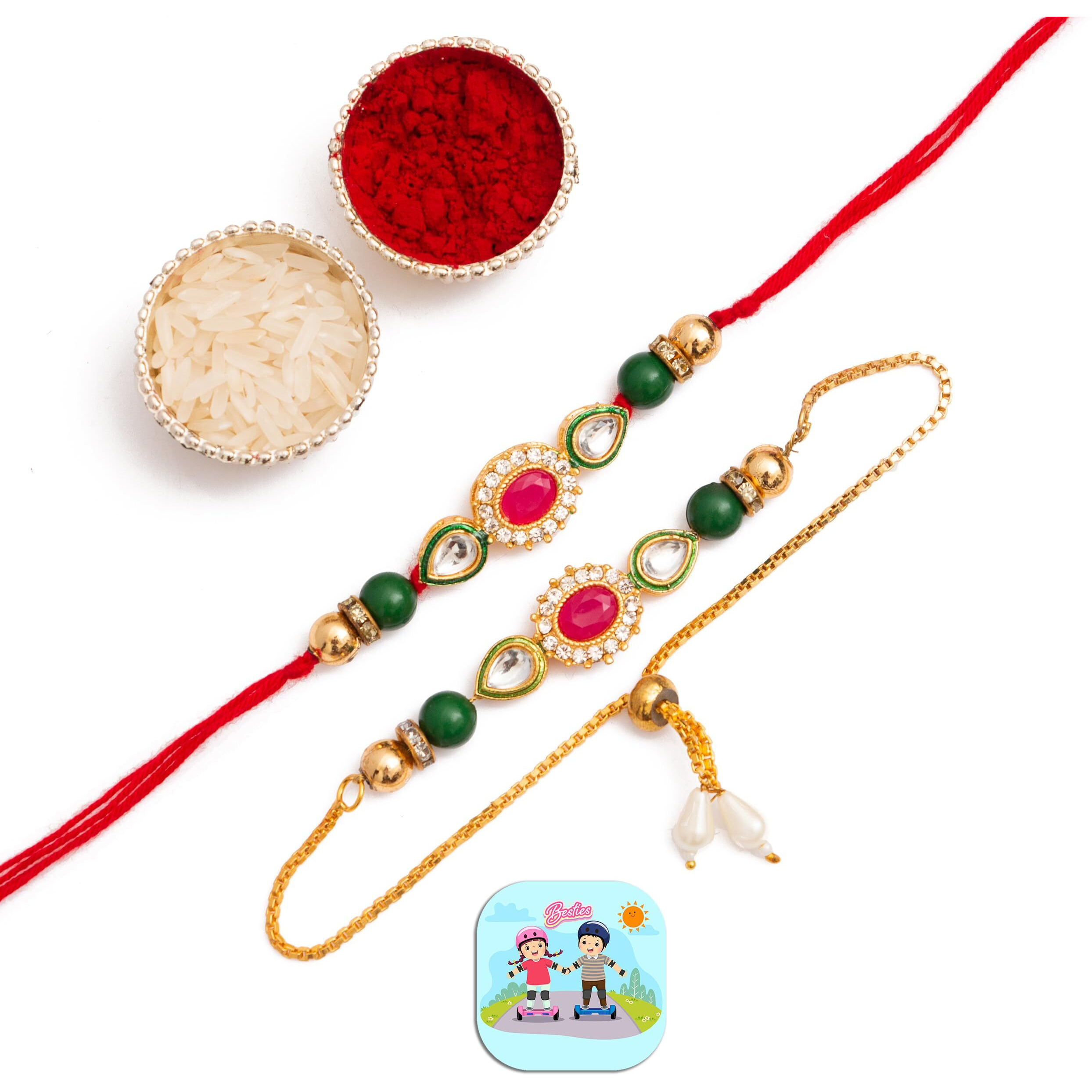 CraftVatika Rakhi Magnet Gift for Brother and Bhabhi Lumba Floral Rakhi Kundan Bracelet Rakhi for Bhaiya Bhabhi Raksha bandhan Couple Pearl Rakhi Set of 2 Rakhi with Fridge Magnet Gift