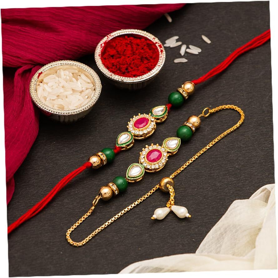 CraftVatika Rakhi Magnet Gift for Brother and Bhabhi Lumba Floral Rakhi Kundan Bracelet Rakhi for Bhaiya Bhabhi Raksha bandhan Couple Pearl Rakhi Set of 2 Rakhi with Fridge Magnet Gift