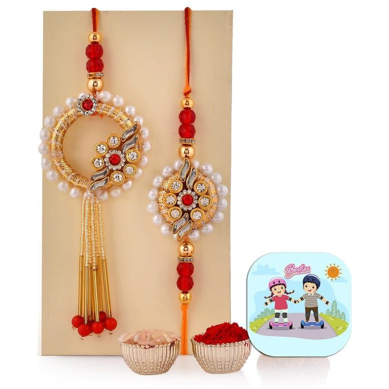 CraftVatika Chocolate Candy Rakhi for Brother and Bhabhi Evil Eye Rakhi Set for Brother Bhaiya Bhabhi Bhaiya Bhabhi Rakhi Combo with Sweet Candy Rice/Chawal Rakshabandhan Rakhis Set of 2