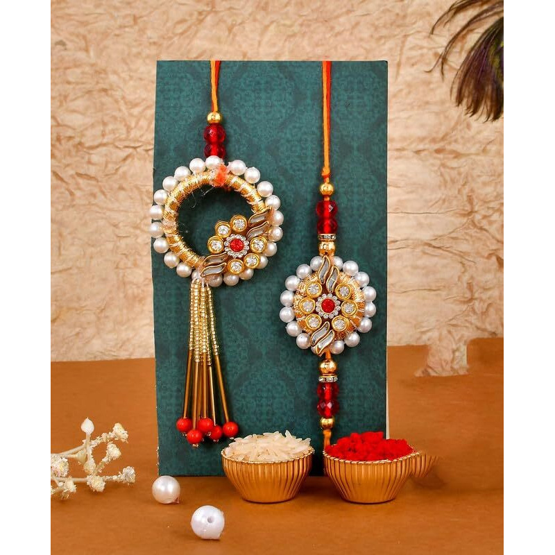 CraftVatika Chocolate Candy Rakhi for Brother and Bhabhi Evil Eye Rakhi Set for Brother Bhaiya Bhabhi Bhaiya Bhabhi Rakhi Combo with Sweet Candy Rice/Chawal Rakshabandhan Rakhis Set of 2