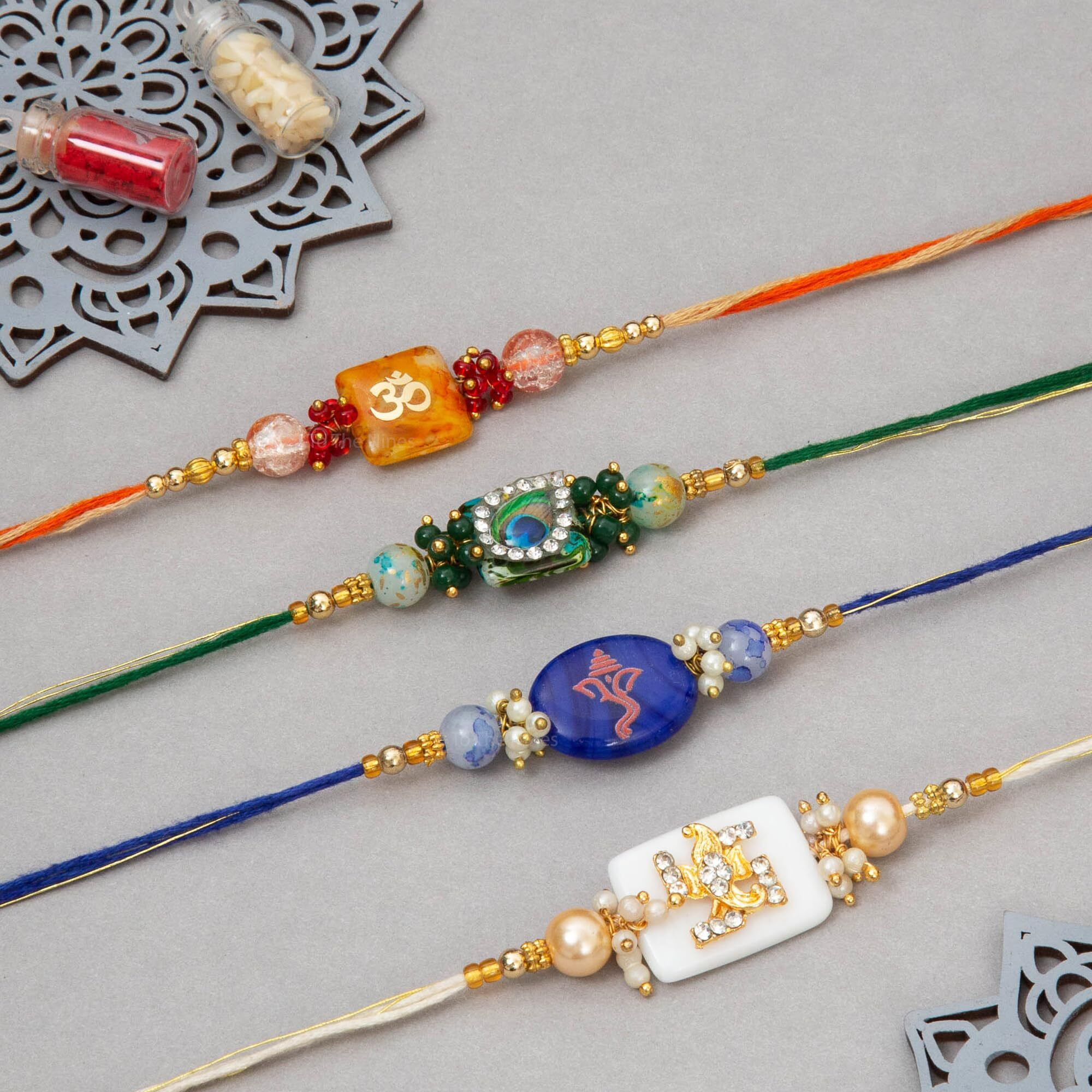 To The Nines Mens Elegant Golden Rakhi/Band For Beloved Brother (Rakhi/Band Combo Of 4) With Tilak Material