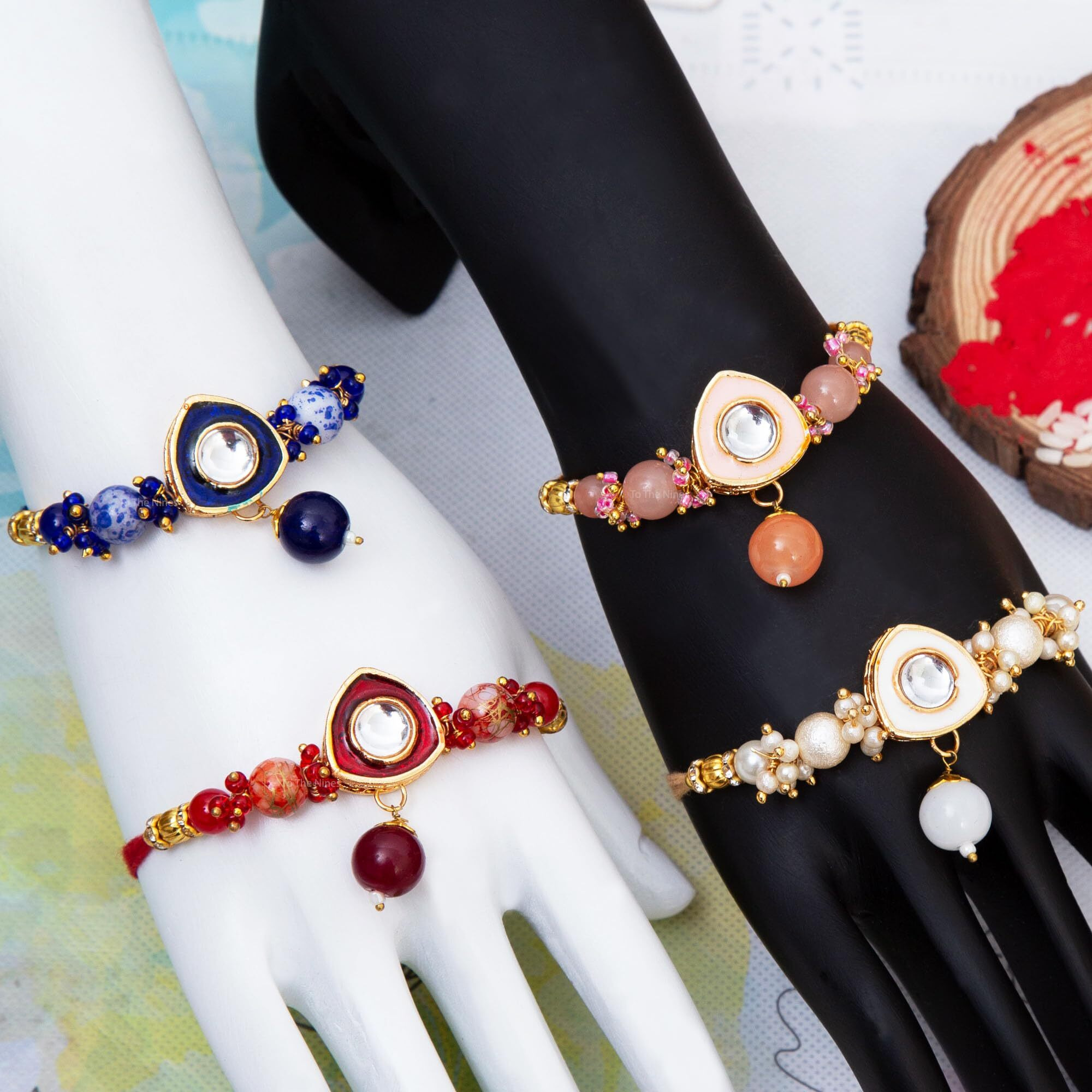 To The Nines Elegant Rakhi Bracelet for Beloved Brother with Tilak Material - Golden - Combo of 4 For Men