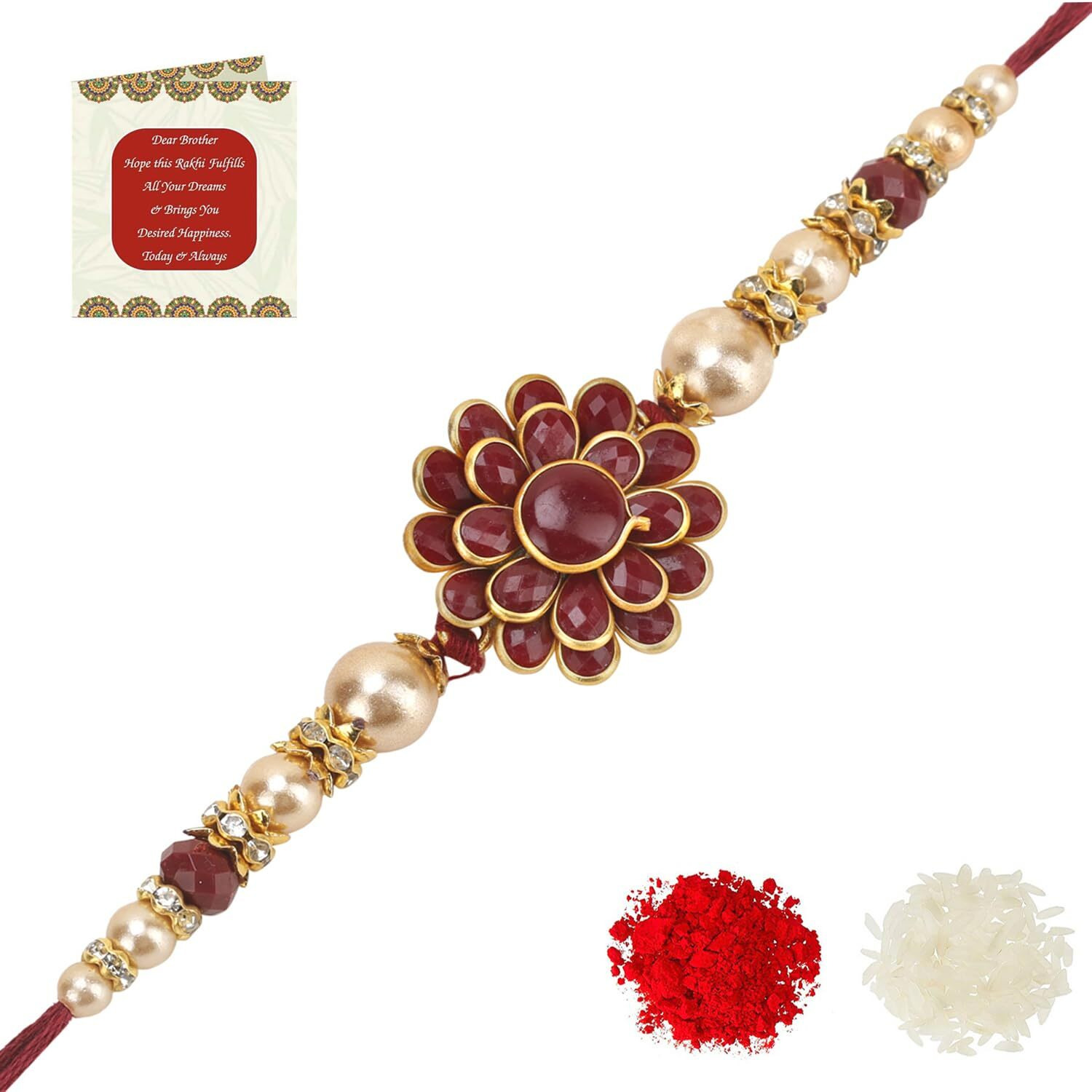 Riddhika Ventures Stylish Kundan and AD Ring Rakhi with Roli Chawal and Greeting Card (B2)