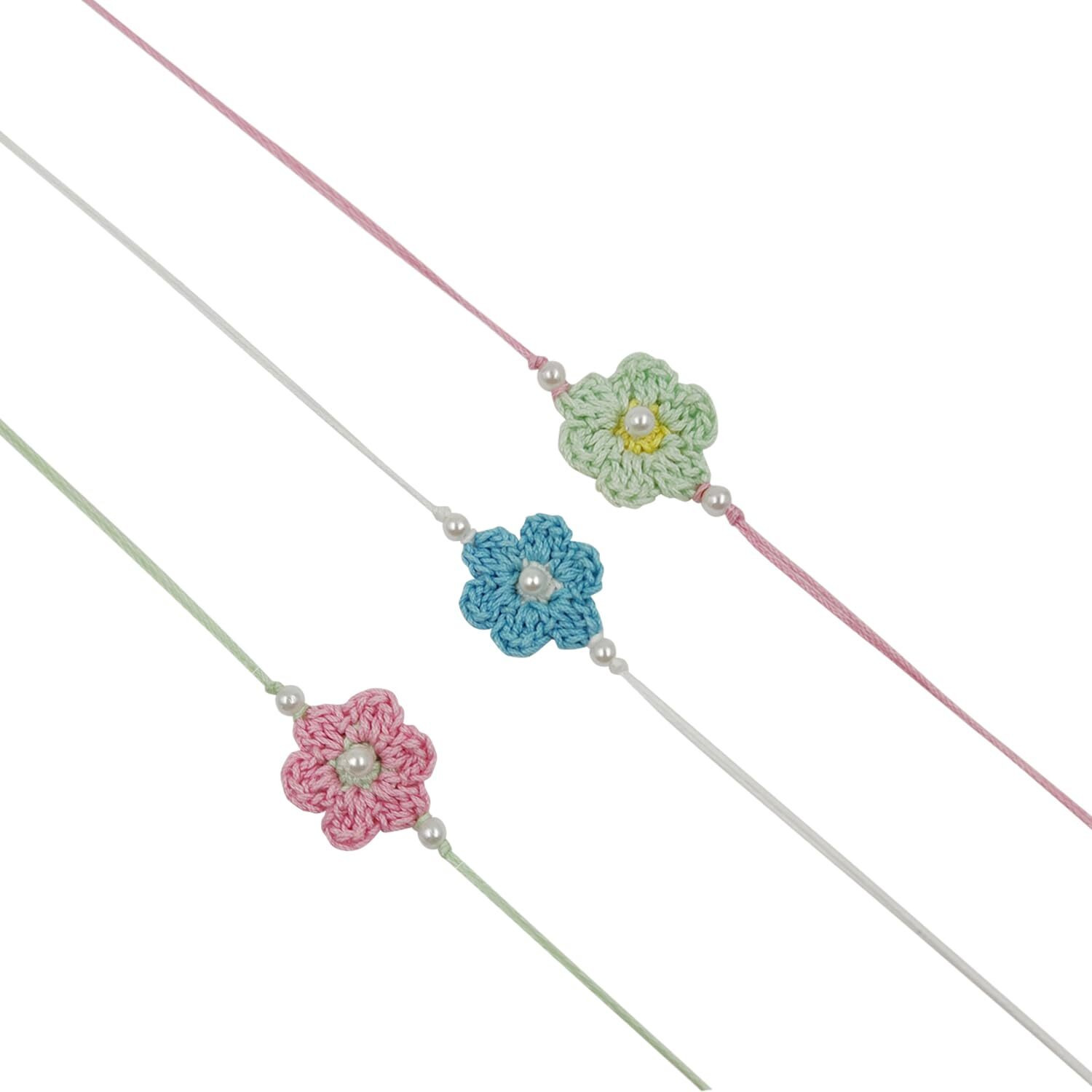 Prapti Handicrafts Handmade Eco Friendly Crochet Set of 3 Rakhis Family Combo Rakhi for Brother Bhabhi Bhaiya Bhai Rakhdi for Brother (Pastel Crochet Rakhi-Pack of 3)