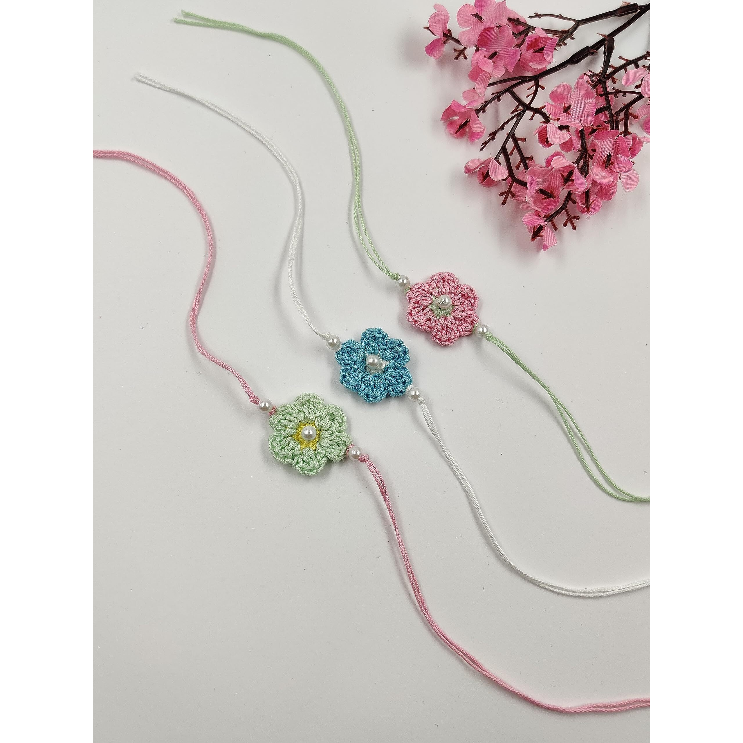 Prapti Handicrafts Handmade Eco Friendly Crochet Set of 3 Rakhis Family Combo Rakhi for Brother Bhabhi Bhaiya Bhai Rakhdi for Brother (Pastel Crochet Rakhi-Pack of 3)