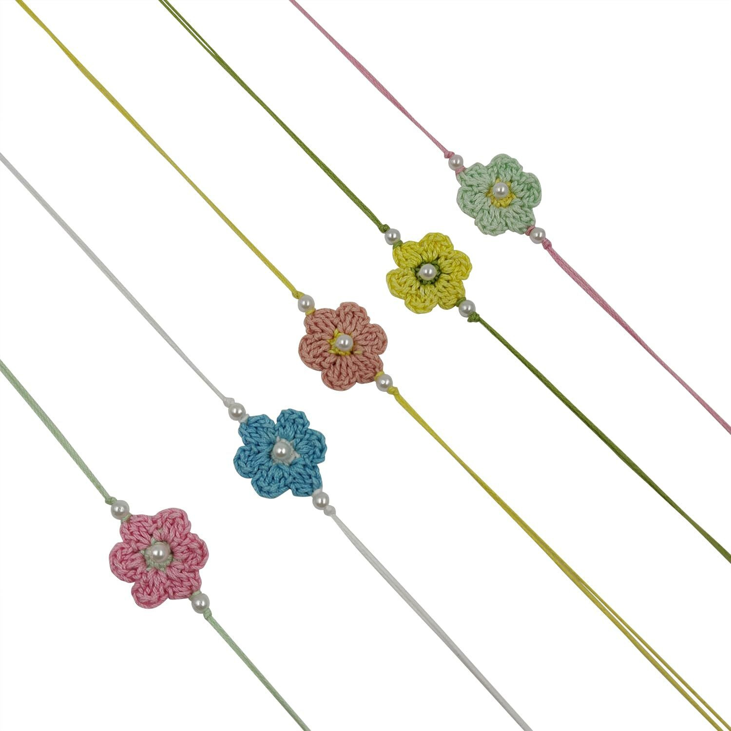 Prapti Handicrafts Handmade Eco Friendly Crochet Set of 5 Rakhis Family Combo Rakhi for Brother Bhabhi Bhaiya Bhai Rakhdi for Brother (Pastel Crochet Rakhi-Pack of 5)