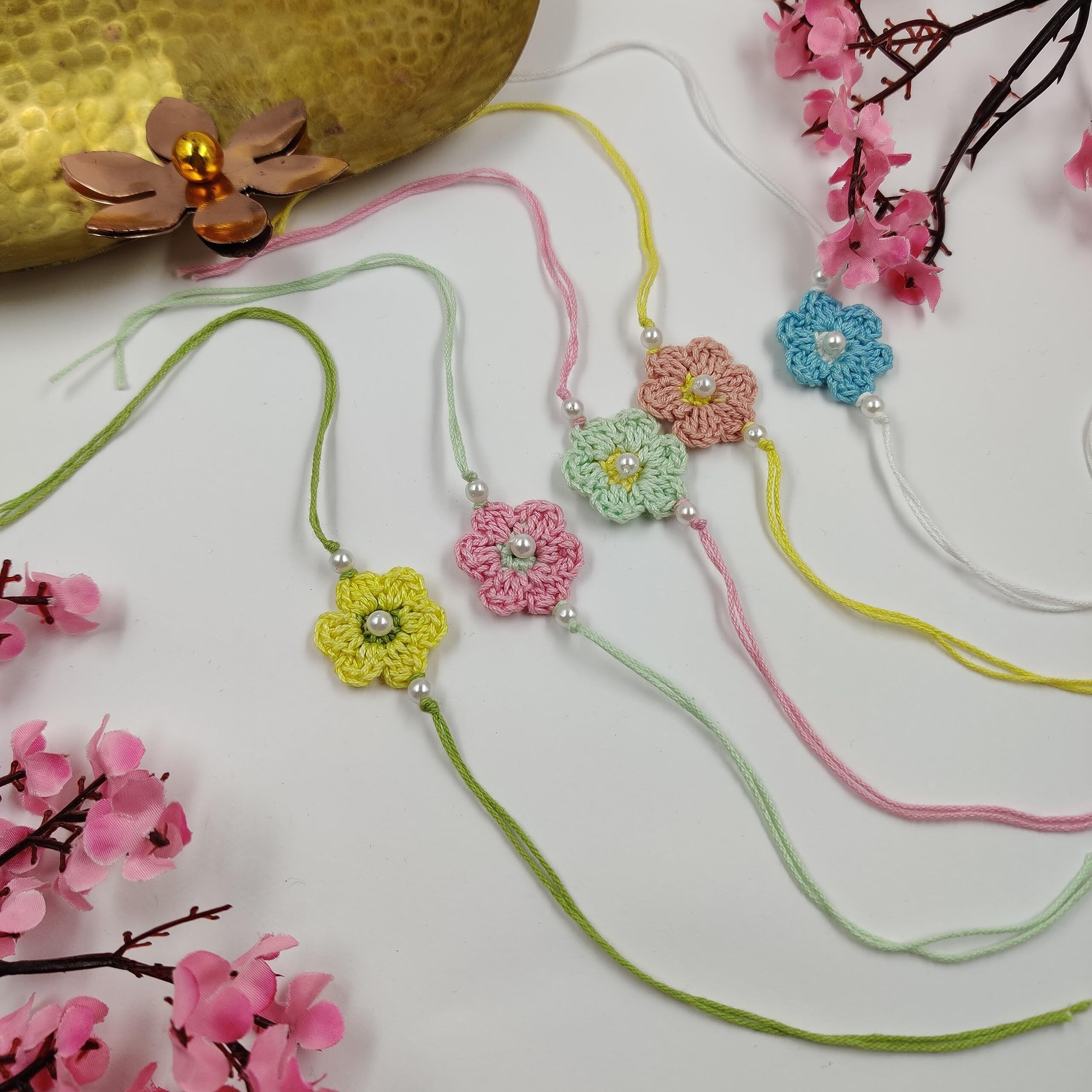 Prapti Handicrafts Handmade Eco Friendly Crochet Set of 5 Rakhis Family Combo Rakhi for Brother Bhabhi Bhaiya Bhai Rakhdi for Brother (Pastel Crochet Rakhi-Pack of 5)