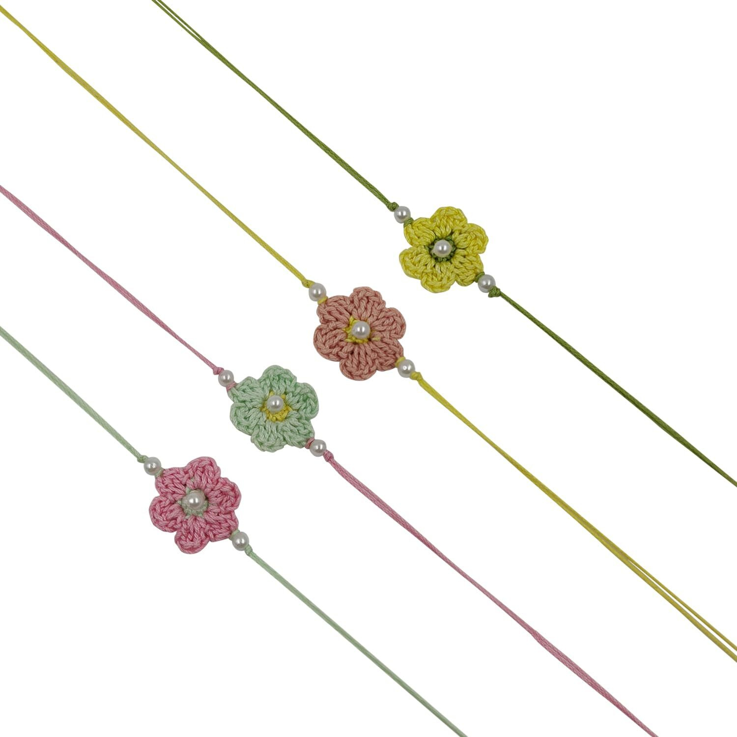 Prapti Handicrafts Handmade Eco Friendly Crochet Set of 4 Rakhis Family Combo Rakhi for Brother Bhabhi Bhaiya Bhai Rakhdi for Brother (Pastel Crochet Rakhi-Pack of 4) For Unisex Adult