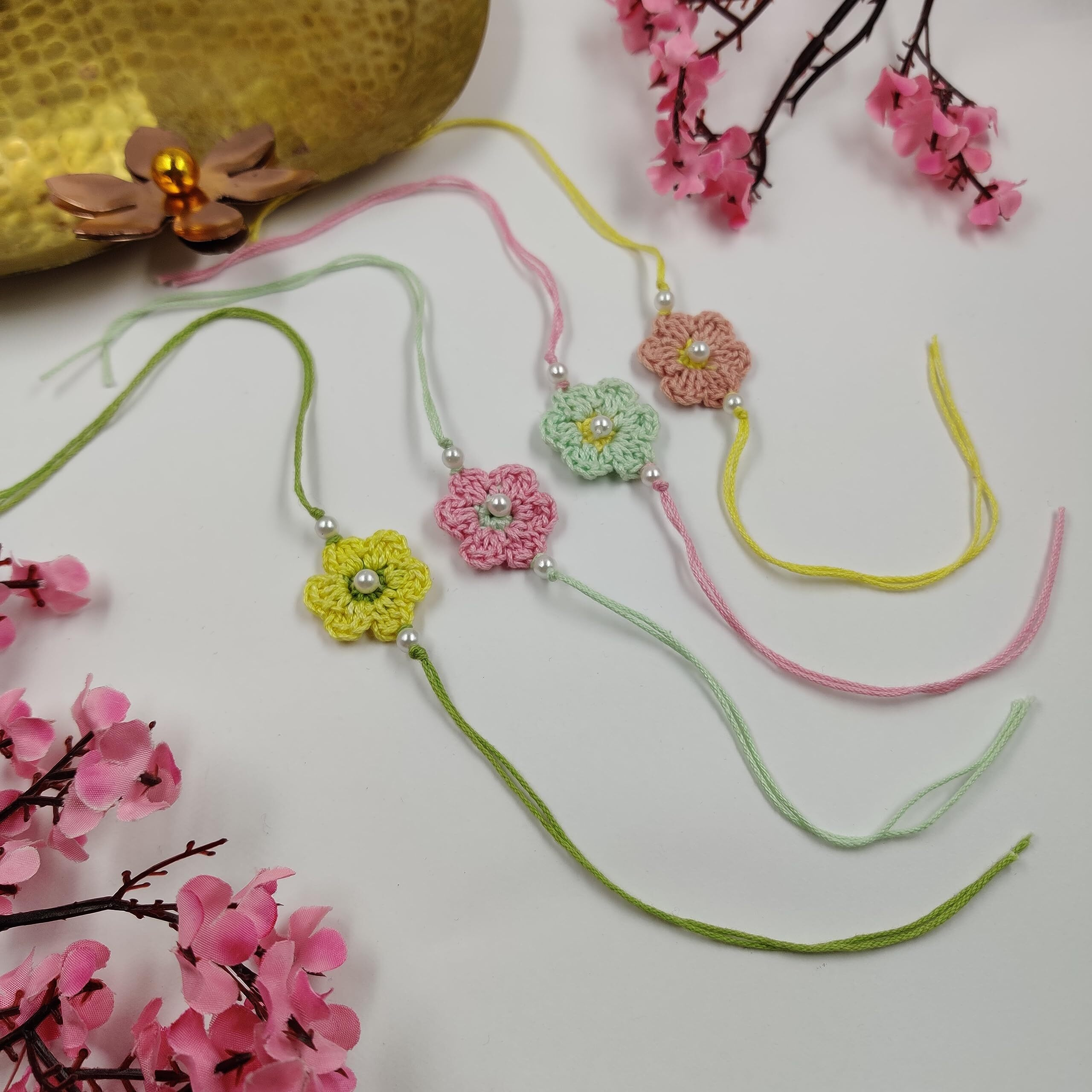 Prapti Handicrafts Handmade Eco Friendly Crochet Set of 4 Rakhis Family Combo Rakhi for Brother Bhabhi Bhaiya Bhai Rakhdi for Brother (Pastel Crochet Rakhi-Pack of 4) For Unisex Adult