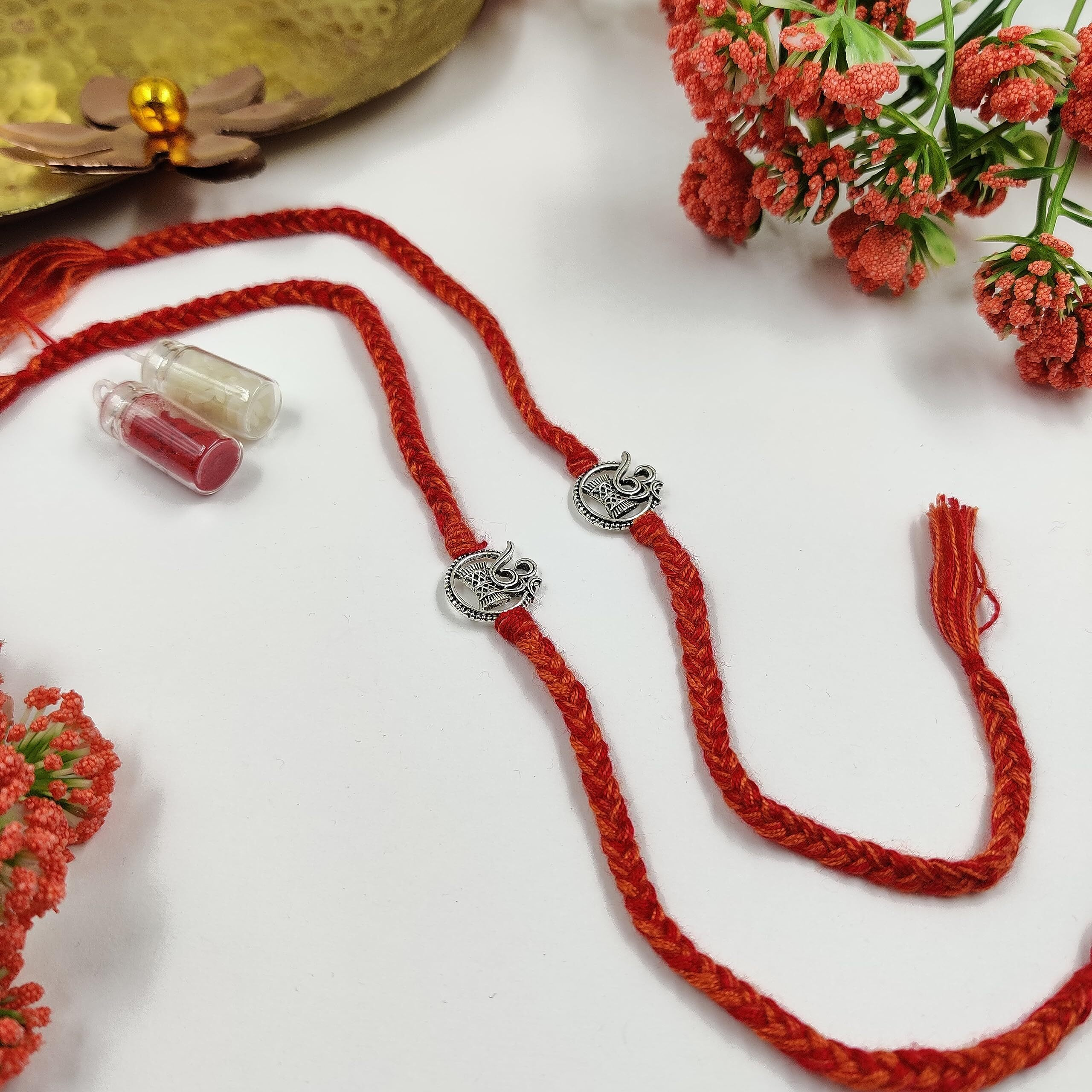 Prapti Handicrafts Handmade Om Silver Rakhi for Brother/Bhaiya With Roli Chawal (Pack of 2)