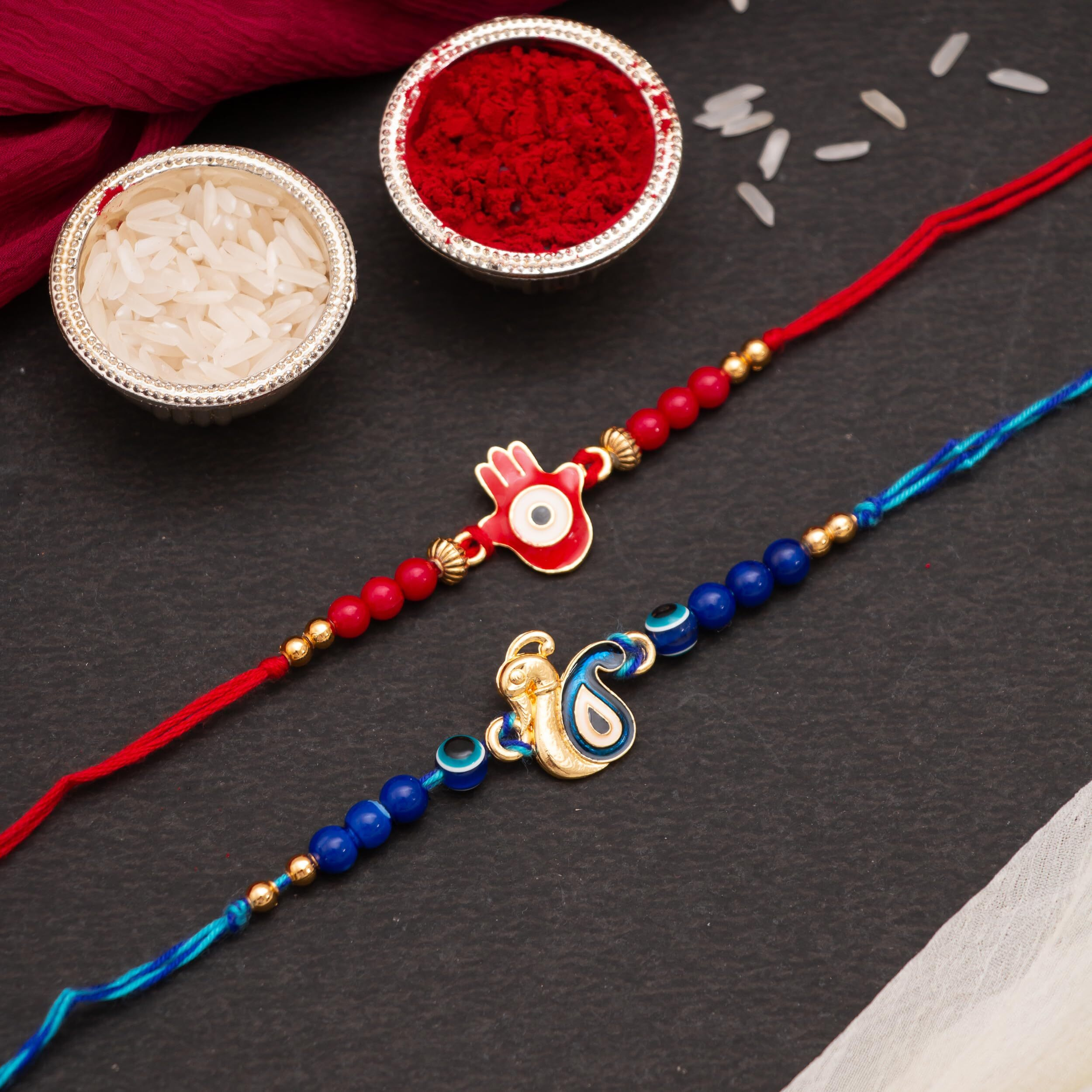 CraftVatika Rakhi with Fridge Magnet Evil Eye Peacock Rakhi for Brother Set of 2 Designer Rakhi for Bhaiya Boy Kids Rakshabandhan Rakhi Evil Eye Hamsa Hand Rakhi Set