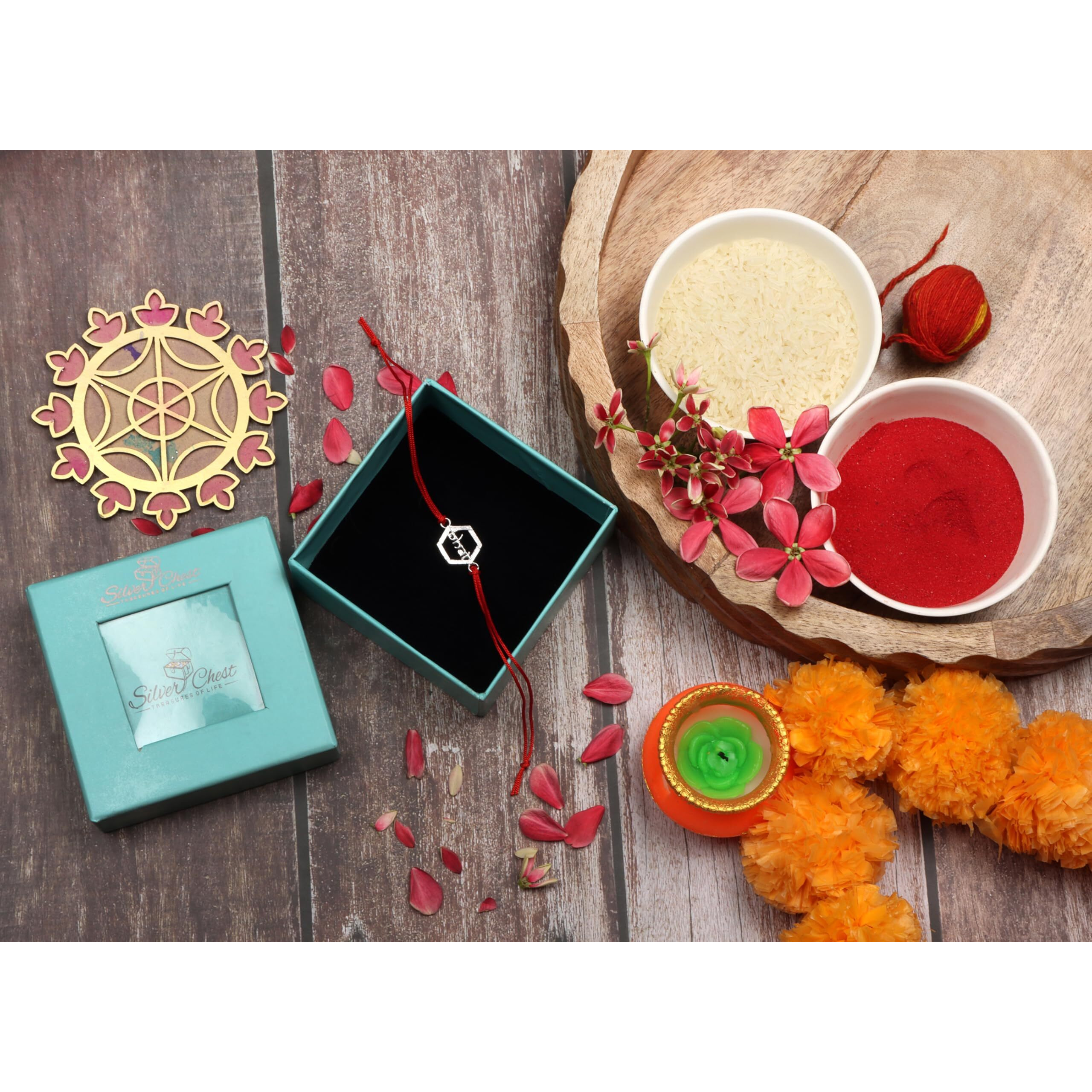 Silver Chest 925 Silver Rakhi for Brother - Pure Chandi Rakhi for Men and Boys in Moli Dhaga with Authenticity Certificate | Design -BHAI (Hexagon)