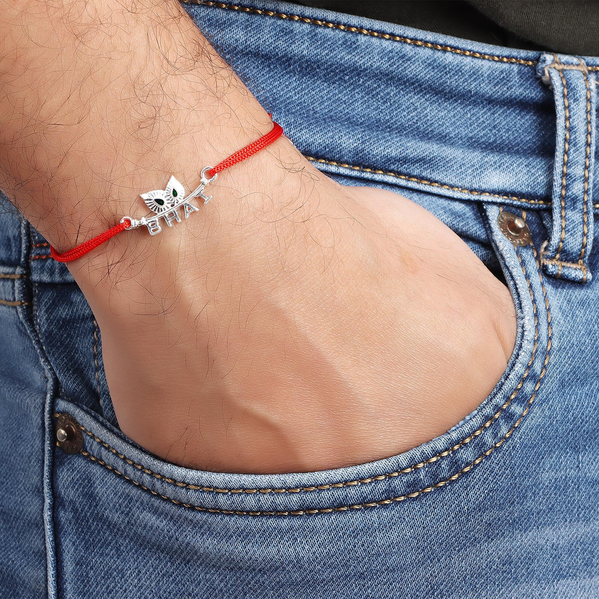Silver Chest 925 Silver Rakhi for Brother -Bhai Design Rakhi with Pankh Silver Rakhi Bracelet Set for Men and Boys in Moli Dhaga with Authenticity Certificate