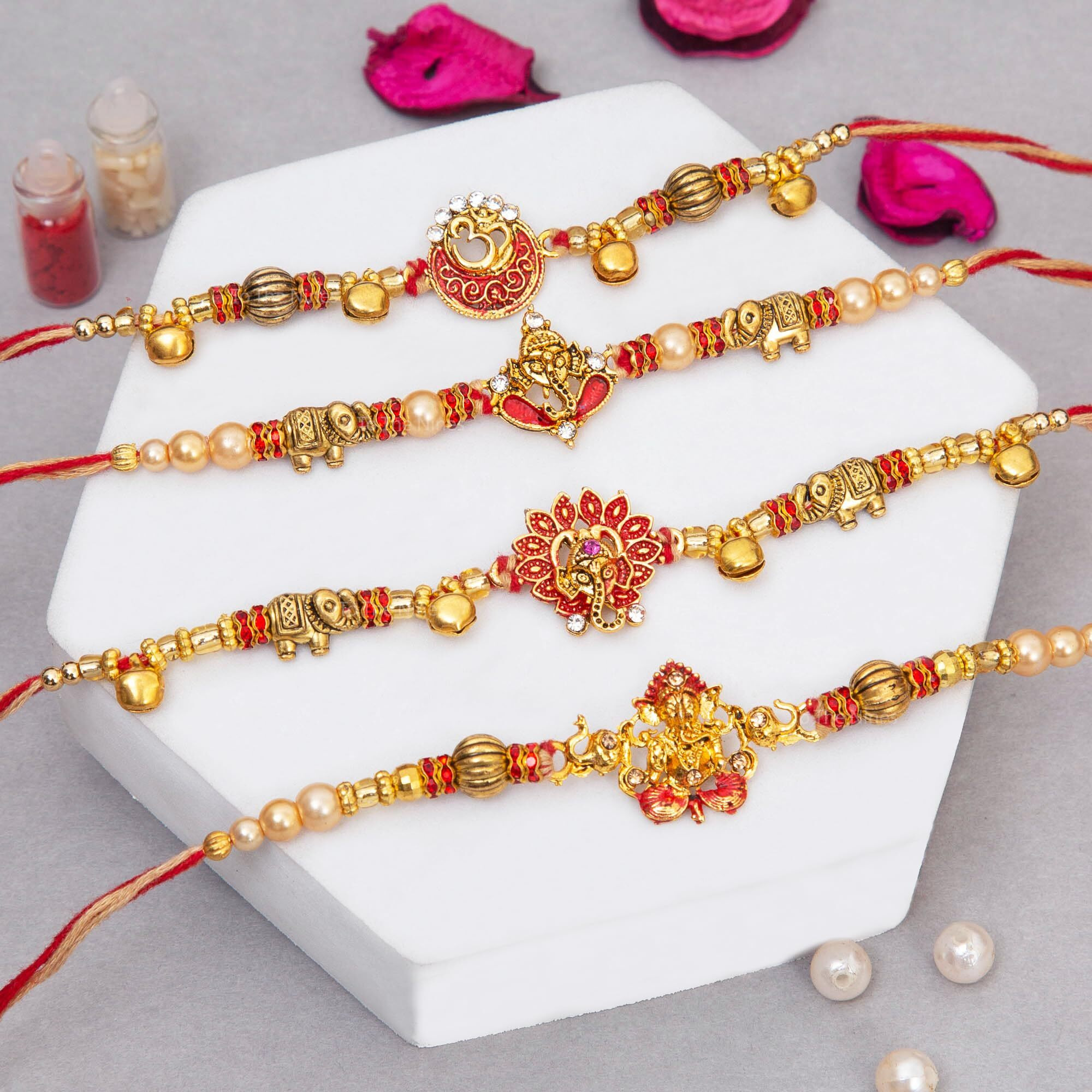 To The Nines Divine Rakhi for Brother with Tilak Material and Greeting Card - Pack of 4 Rakhi