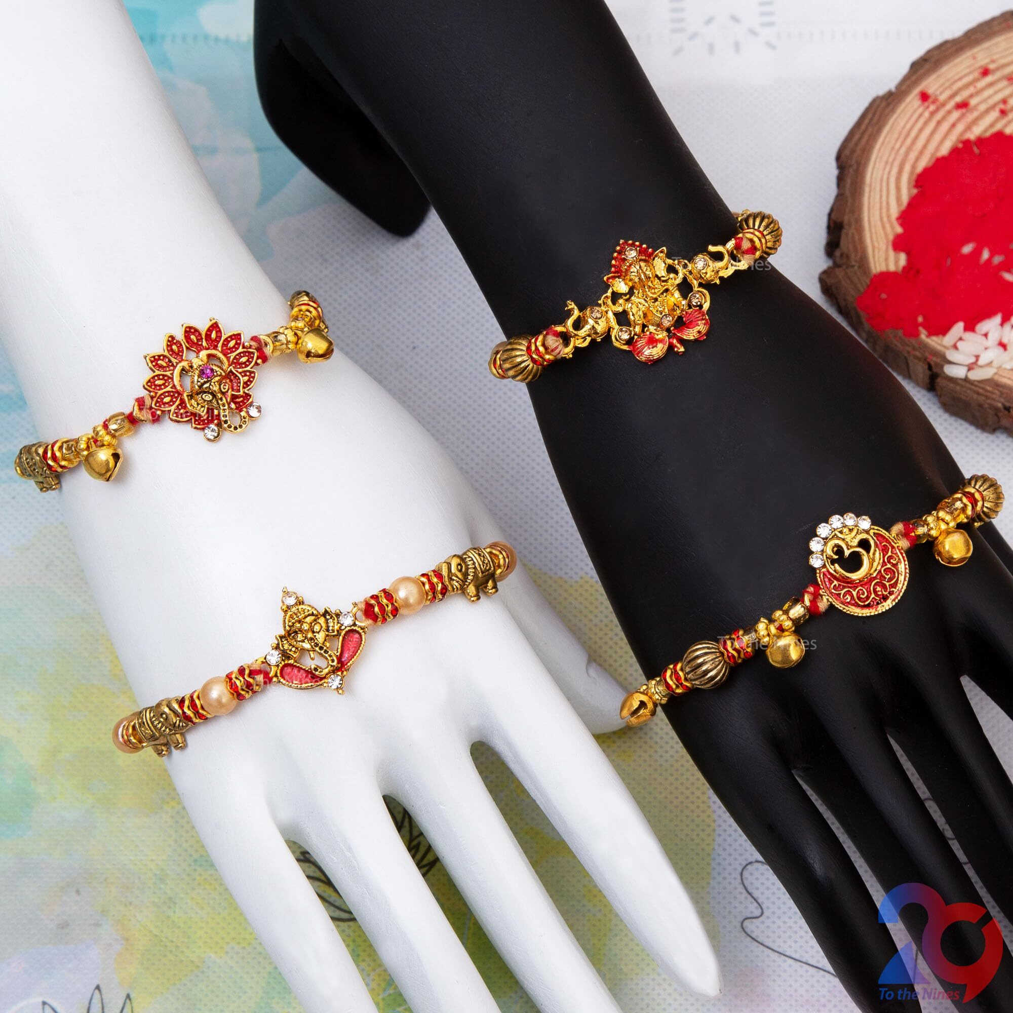 To The Nines Divine Rakhi for Brother with Tilak Material and Greeting Card - Pack of 4 Rakhi