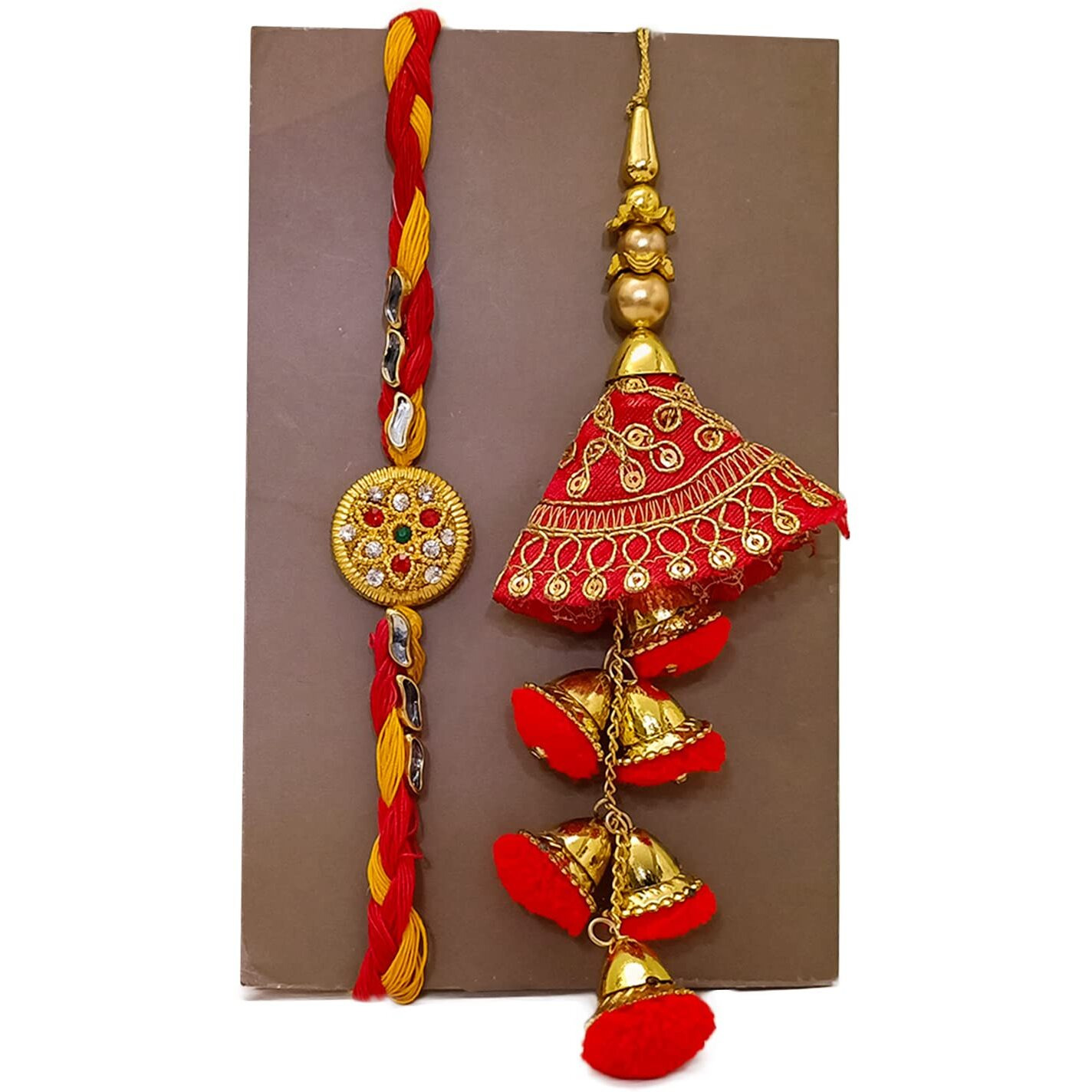 Collectible India Stone Studded Beaded Rakhi & Gift Set for Brother Bhabhi [Gift Combo - Rakhi with Brass Bowl with Velvet Box, Pair Rakhi, & Greeting Card