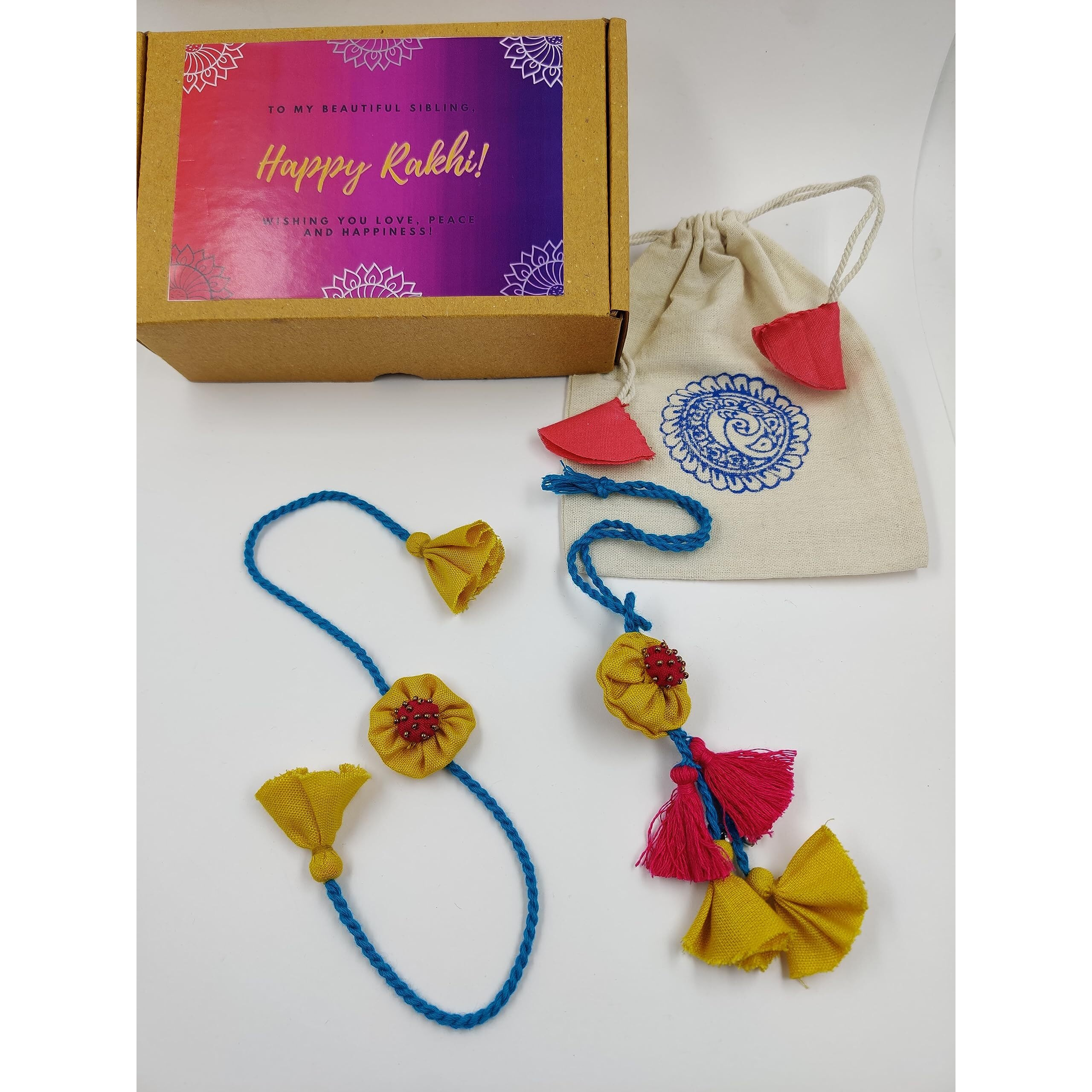 Prapti Handicrafts Handmade Fabric Set of 2 Rakhis Family Combo Rakhi for Brother Lumba Rakhi for Bhabhi Bhaiya Bhai Rakhi for Brother With Roli Chawal (Yellow -Combo)