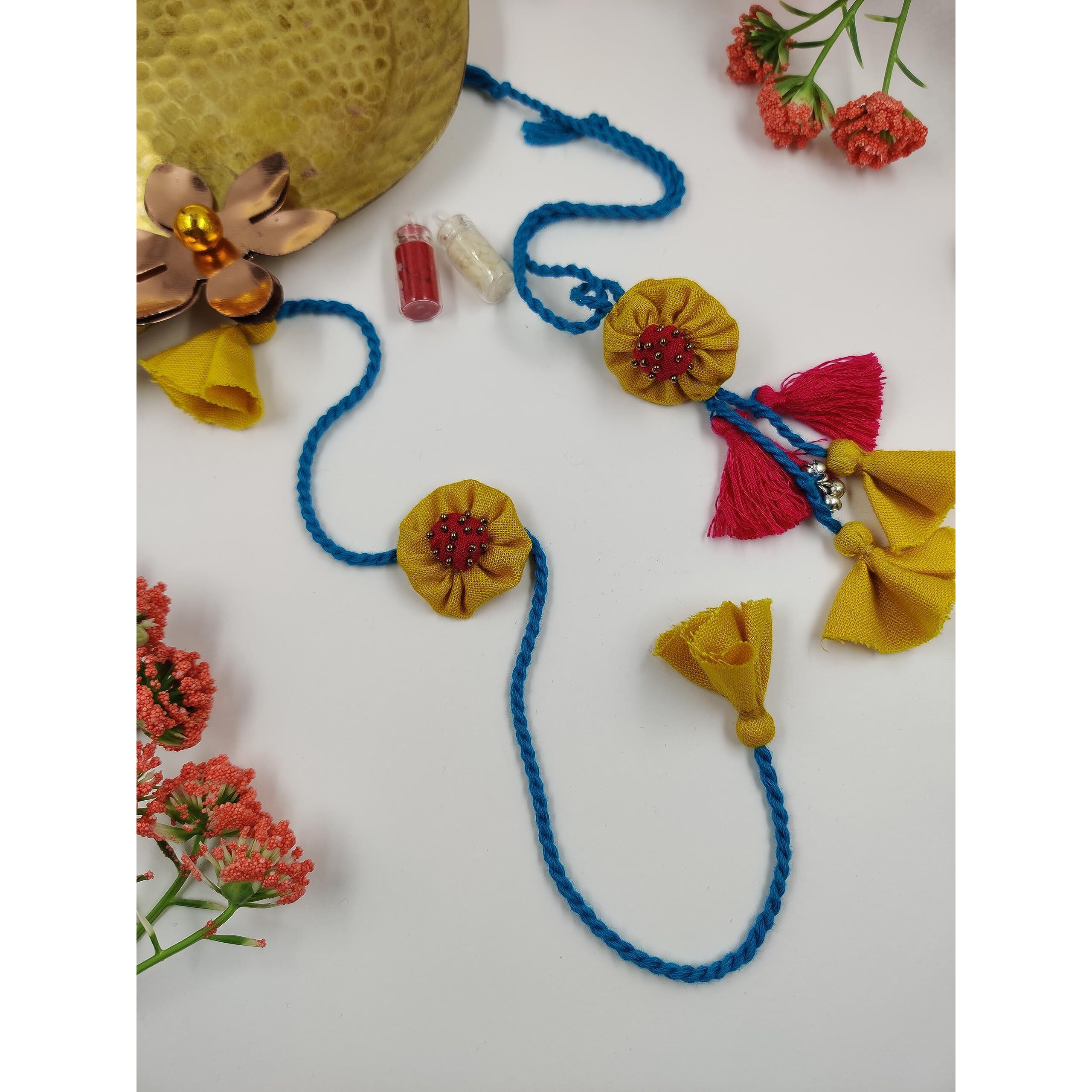 Prapti Handicrafts Handmade Fabric Set of 2 Rakhis Family Combo Rakhi for Brother Lumba Rakhi for Bhabhi Bhaiya Bhai Rakhi for Brother With Roli Chawal (Yellow -Combo)
