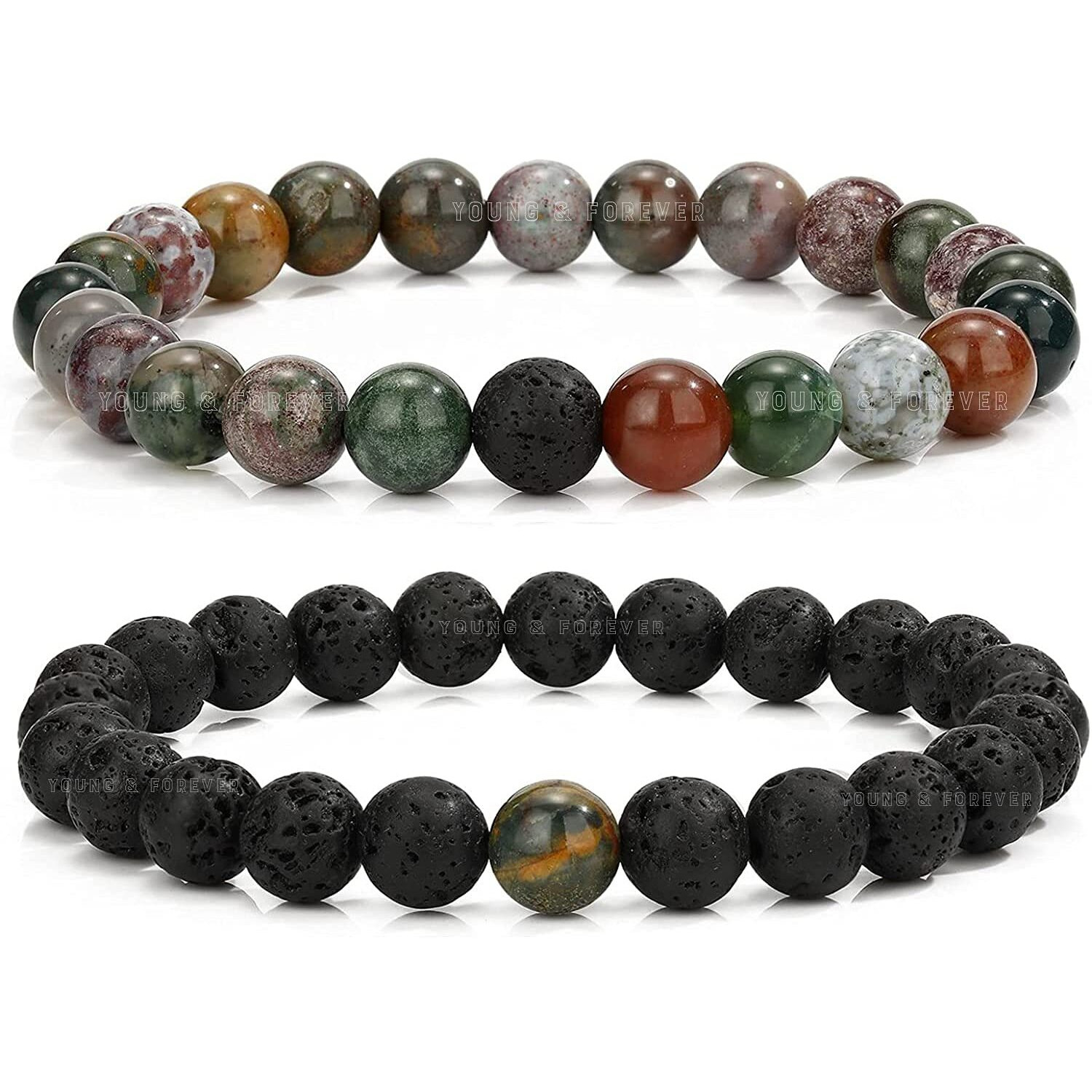 Young & Forever Rakhi Gift For Brother Mens Beaded Bracelets Lava Rock Stone Beads For Women Anxiety Volcanic Lava Bracelet Long Distance Relationships Indian Agate Couples Bracelets Set Of 2 Gift