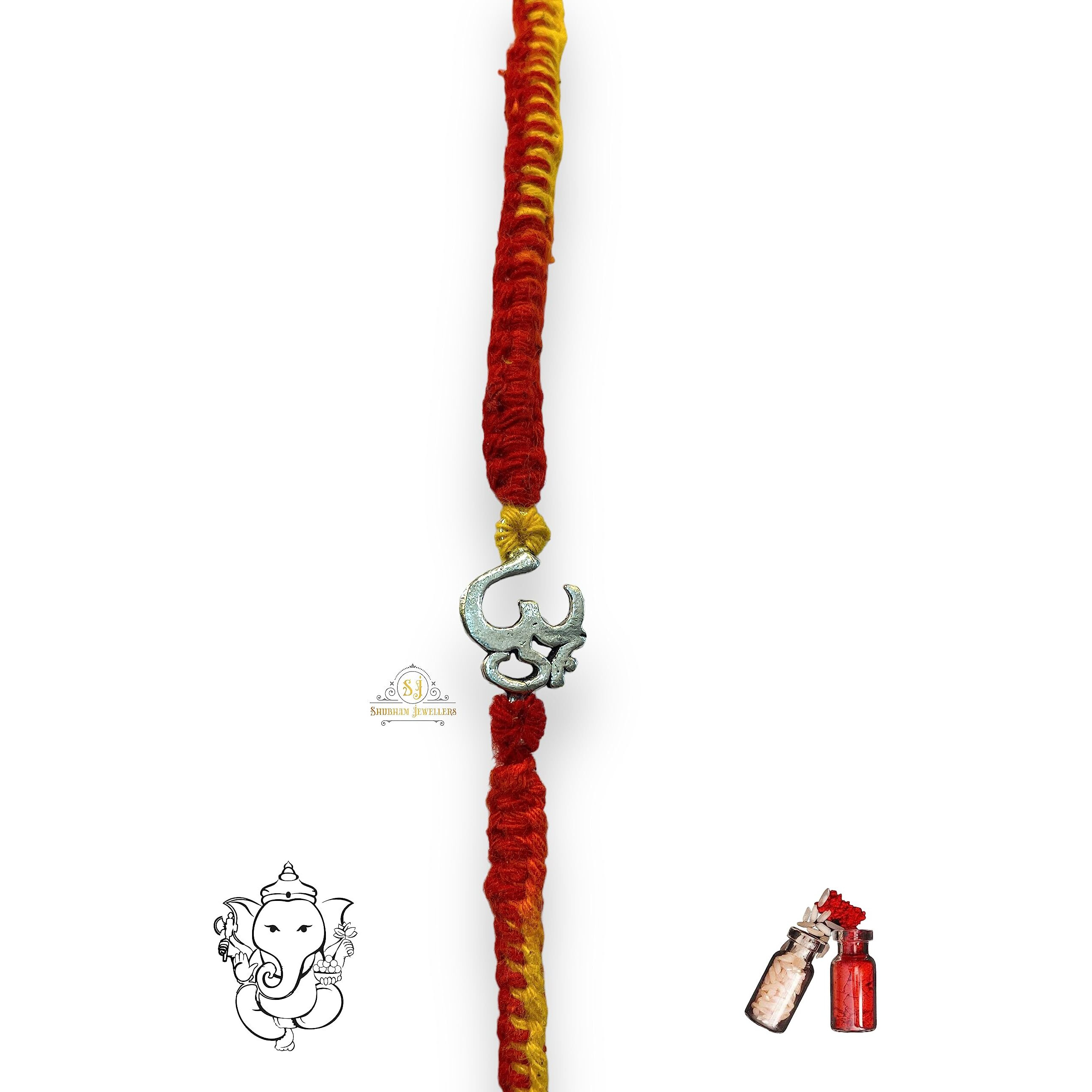 SJ SHUBHAM JEWELLERS 925 Sterling Silver Rakhi for brother Small Om(N) Bracelet Raksha Bandhan Pure Cotton For Men, Boys, Kids Rakhi With Roli Chawal
