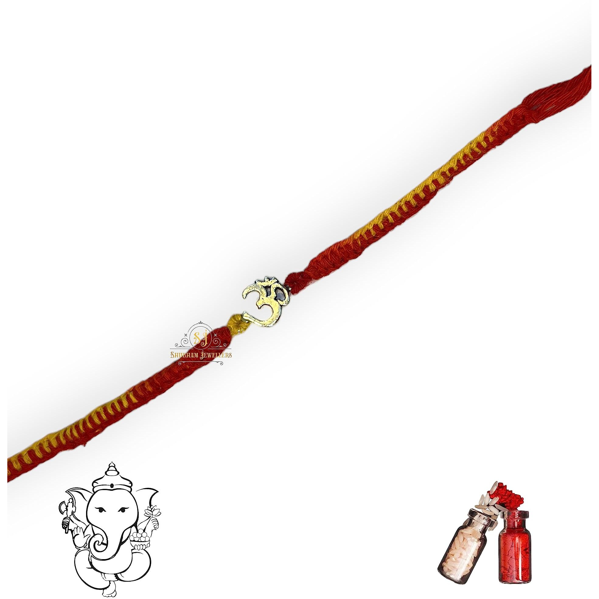 SJ SHUBHAM JEWELLERS 925 Sterling Silver Rakhi for brother Small Om(N) Bracelet Raksha Bandhan Pure Cotton For Men, Boys, Kids Rakhi With Roli Chawal