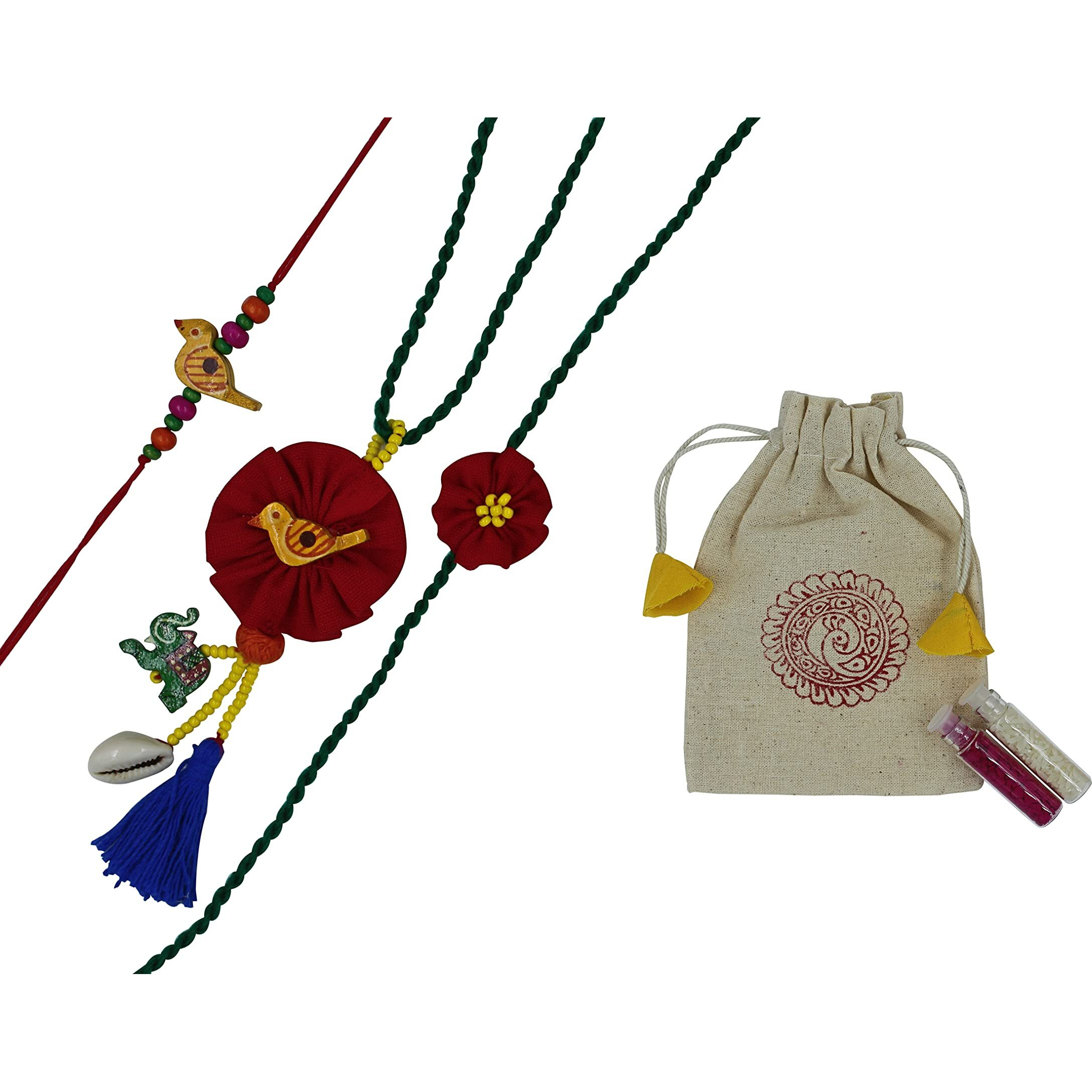 Prapti Handicrafts embroidery flower Rakhi reuasble combo with gift potli bag And roli chawal (Pack of 3) For Men