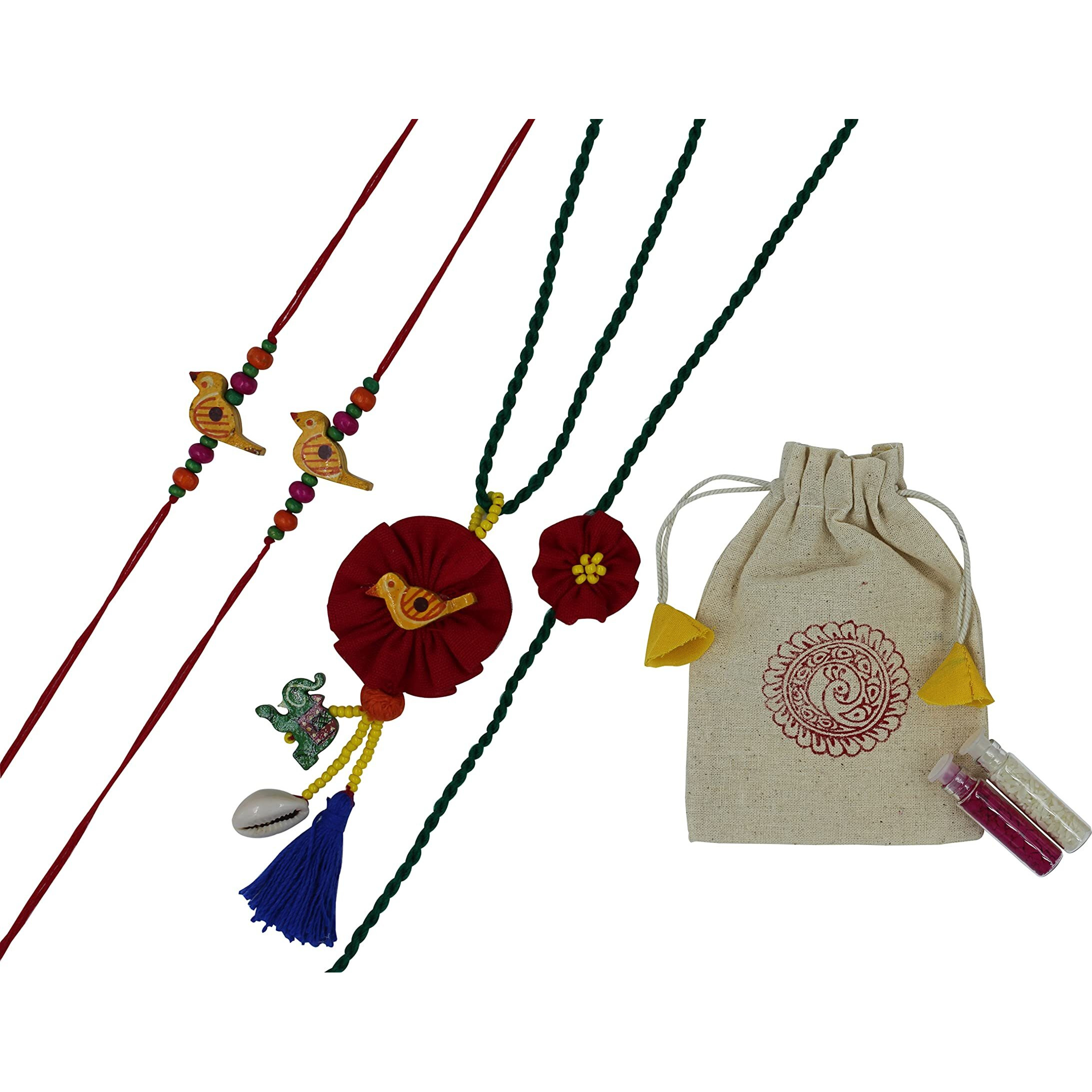 Prapti Handicrafts embroidery Couple Rakhi Set For Brother Bhabhi And Kids reuasble combo with gift potli bag And roli chawal (Pack of 4)