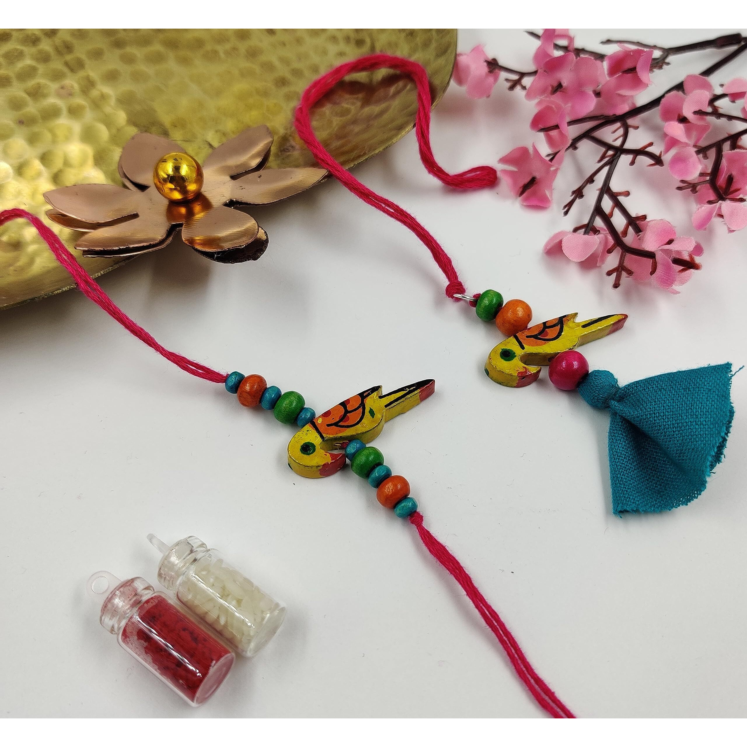 Prapti Handicrafts Handmade Fabric Bhaiya Rakhi and Bhabhi Lumba set With Roli Chawal,Raksha Bandhan Rakhi for Couples (Yellow -Set of 2)
